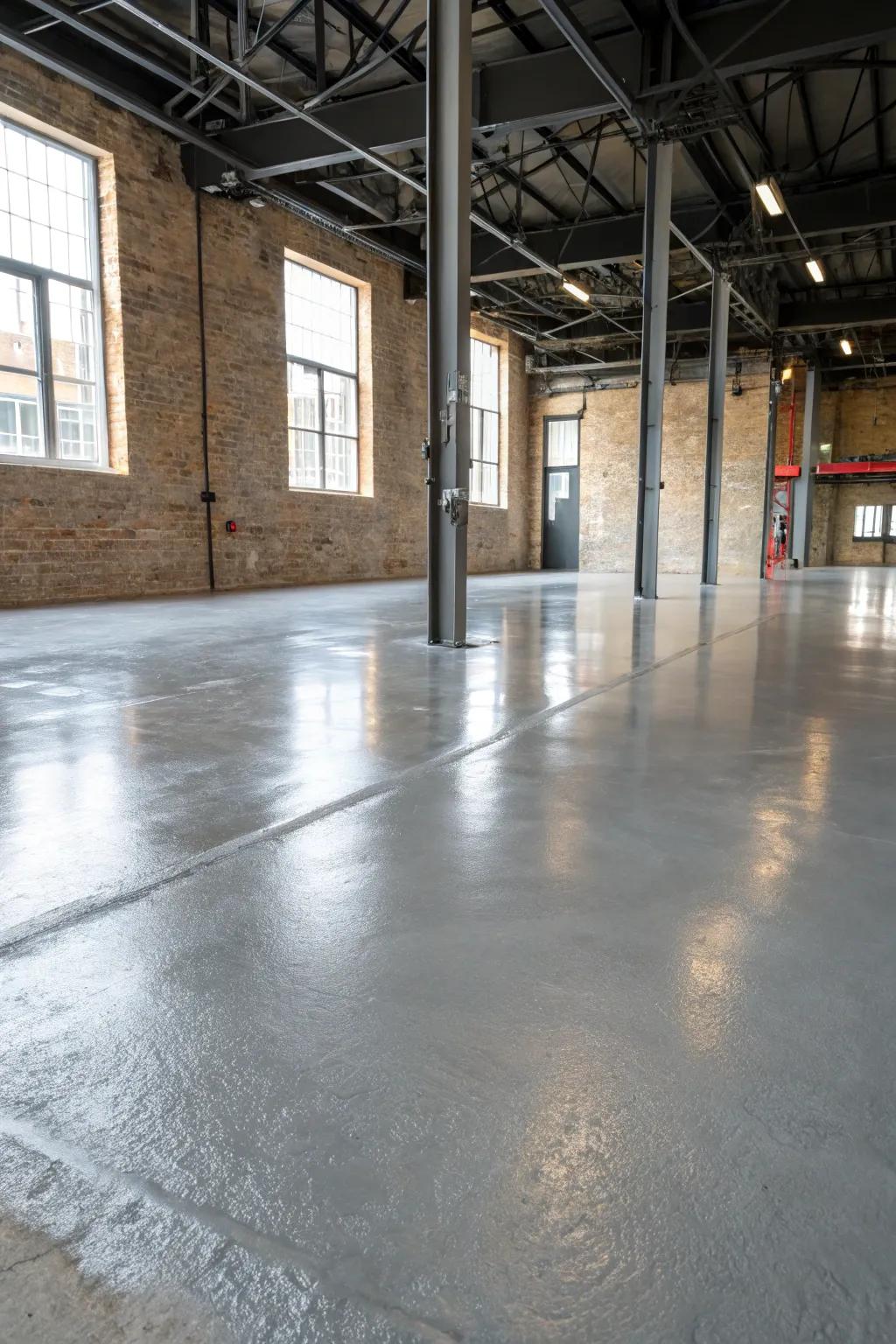 An industrial loft featuring a concrete-style epoxy floor.