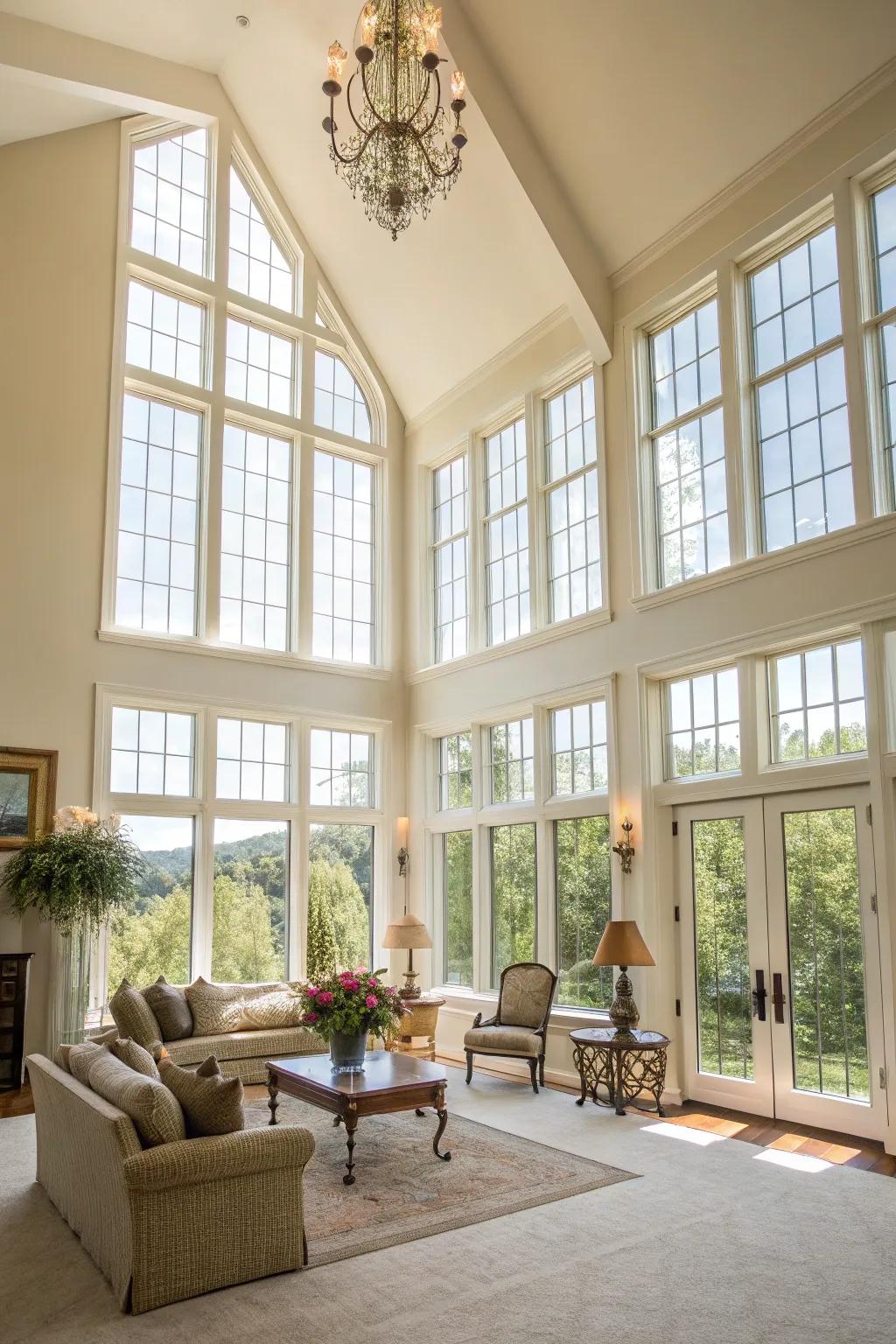 Natural light is an essential component in lighting high-ceiling spaces.