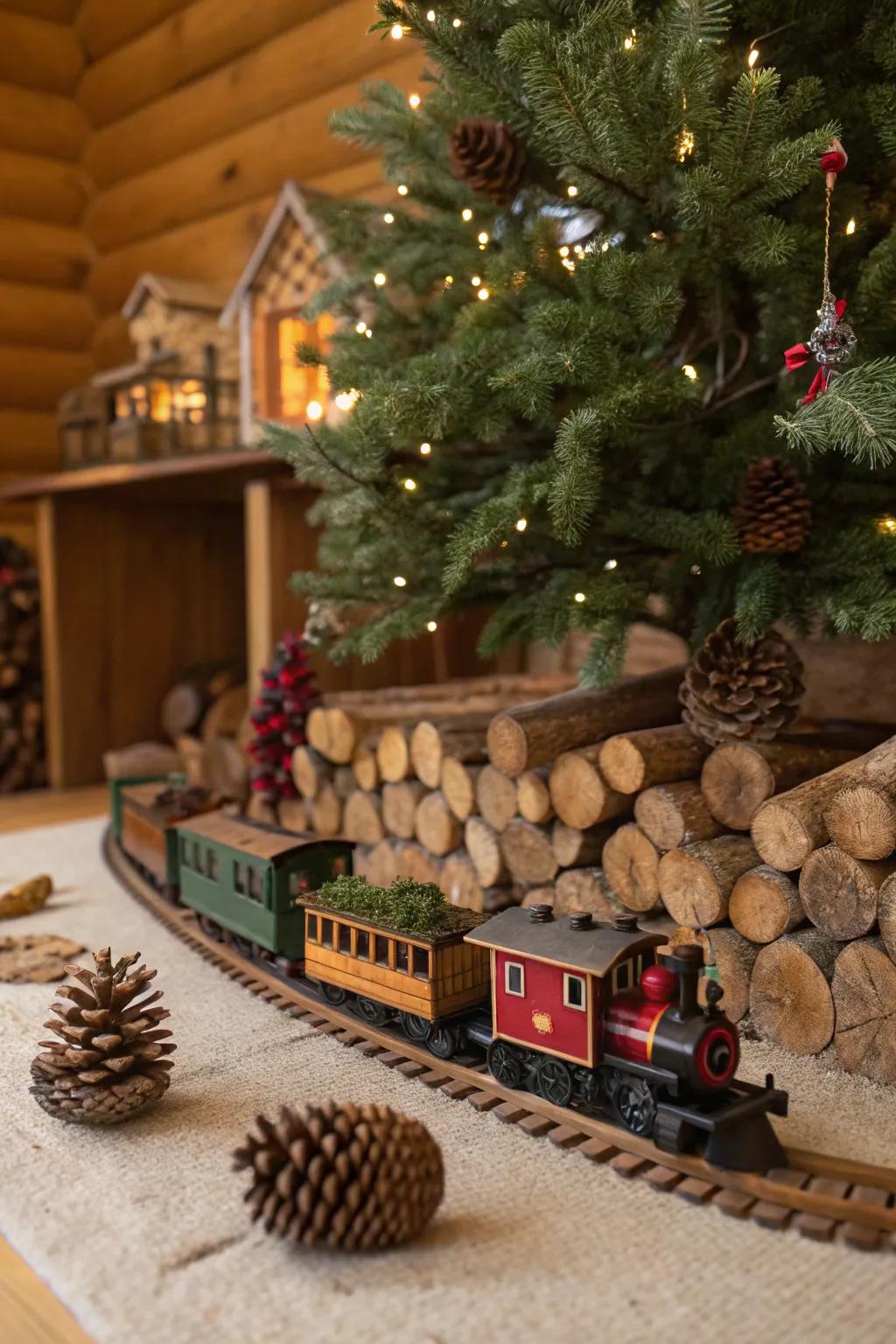 A rustic train setup exudes warmth and charm.
