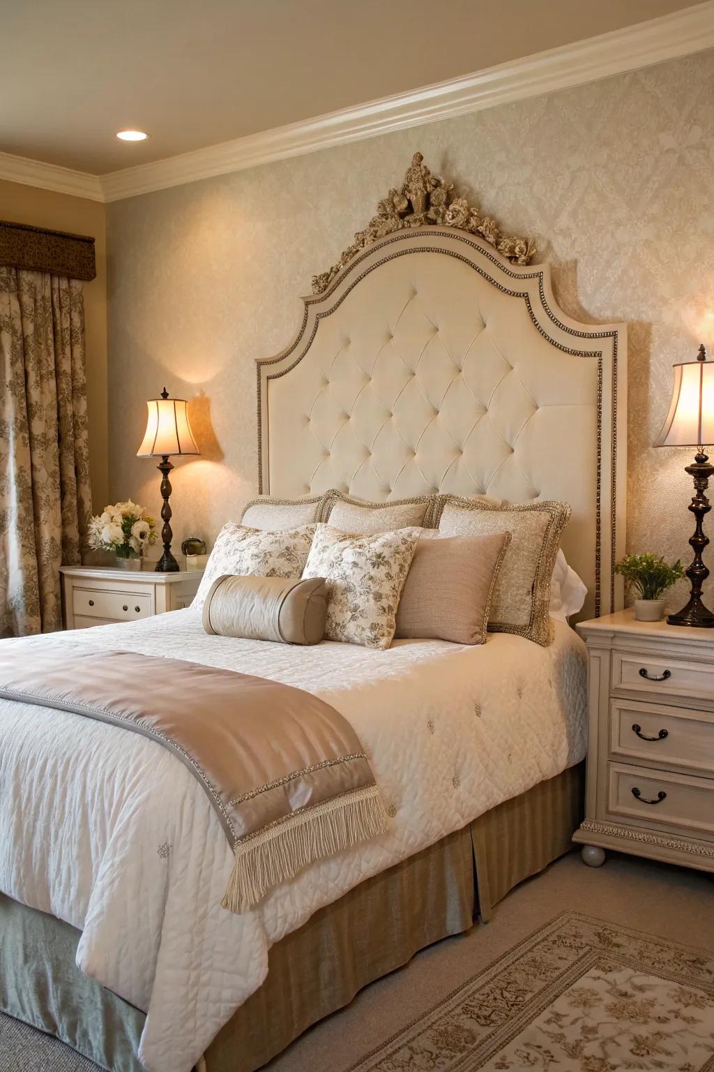 Crown molding accents headboards, adding elegance to bedrooms.