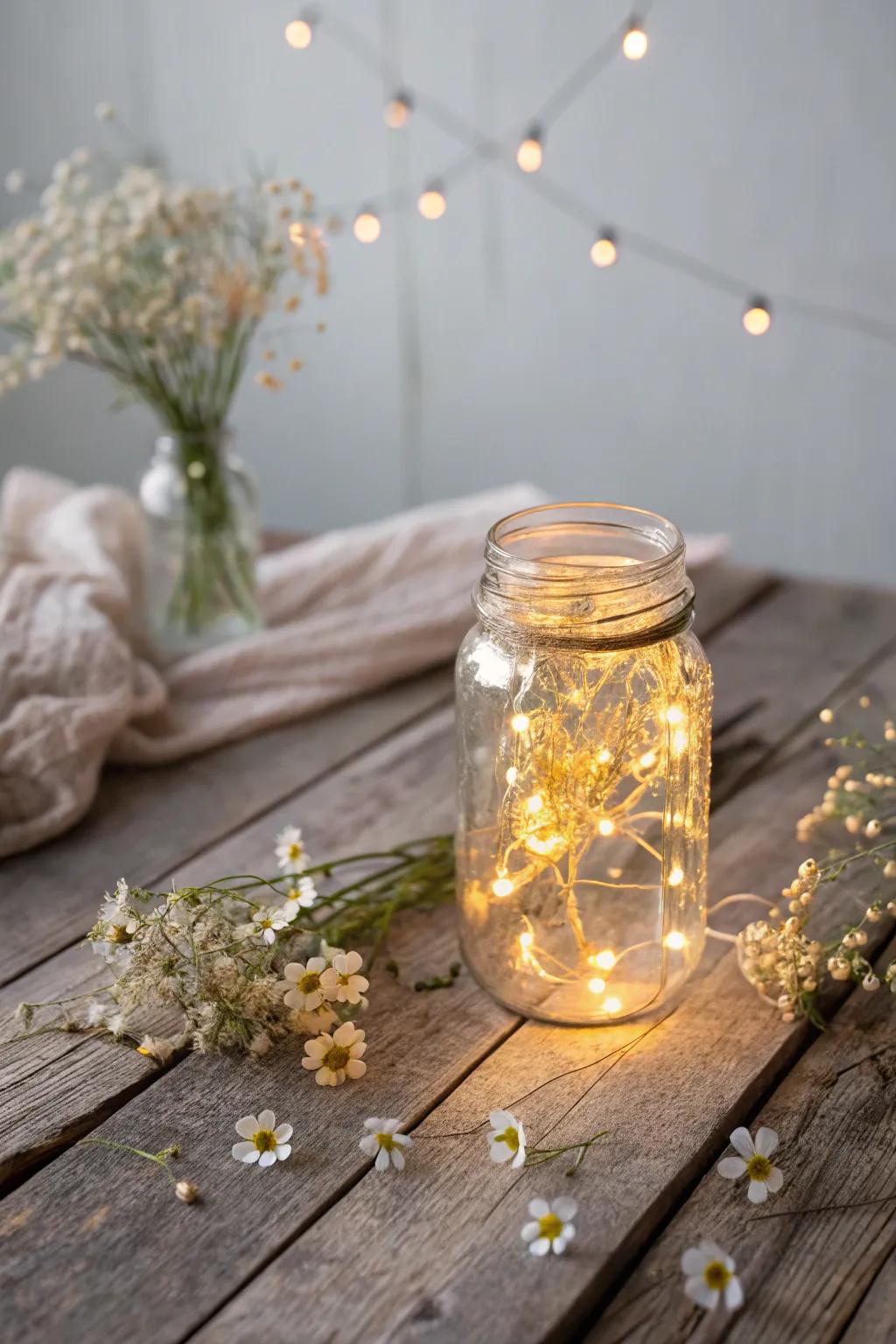 Illuminate your wedding with the rustic charm of mason jars filled with fairy lights and wildflowers.