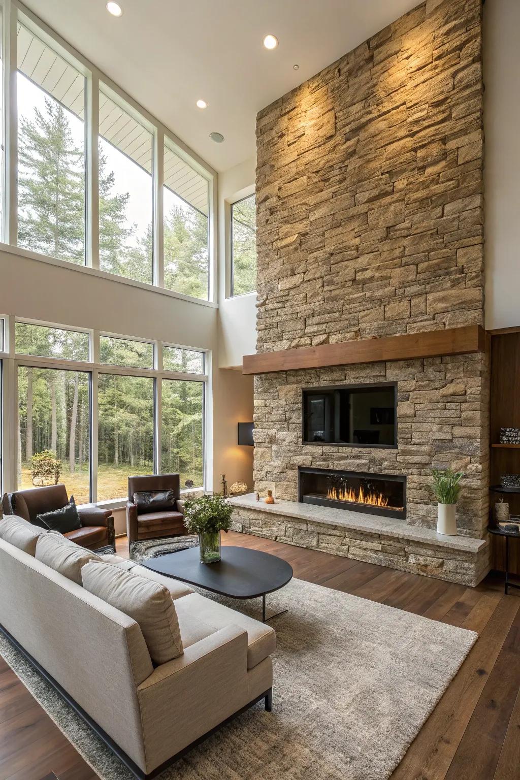 A stone panel accent wall adds sophistication and elegance to this living room.