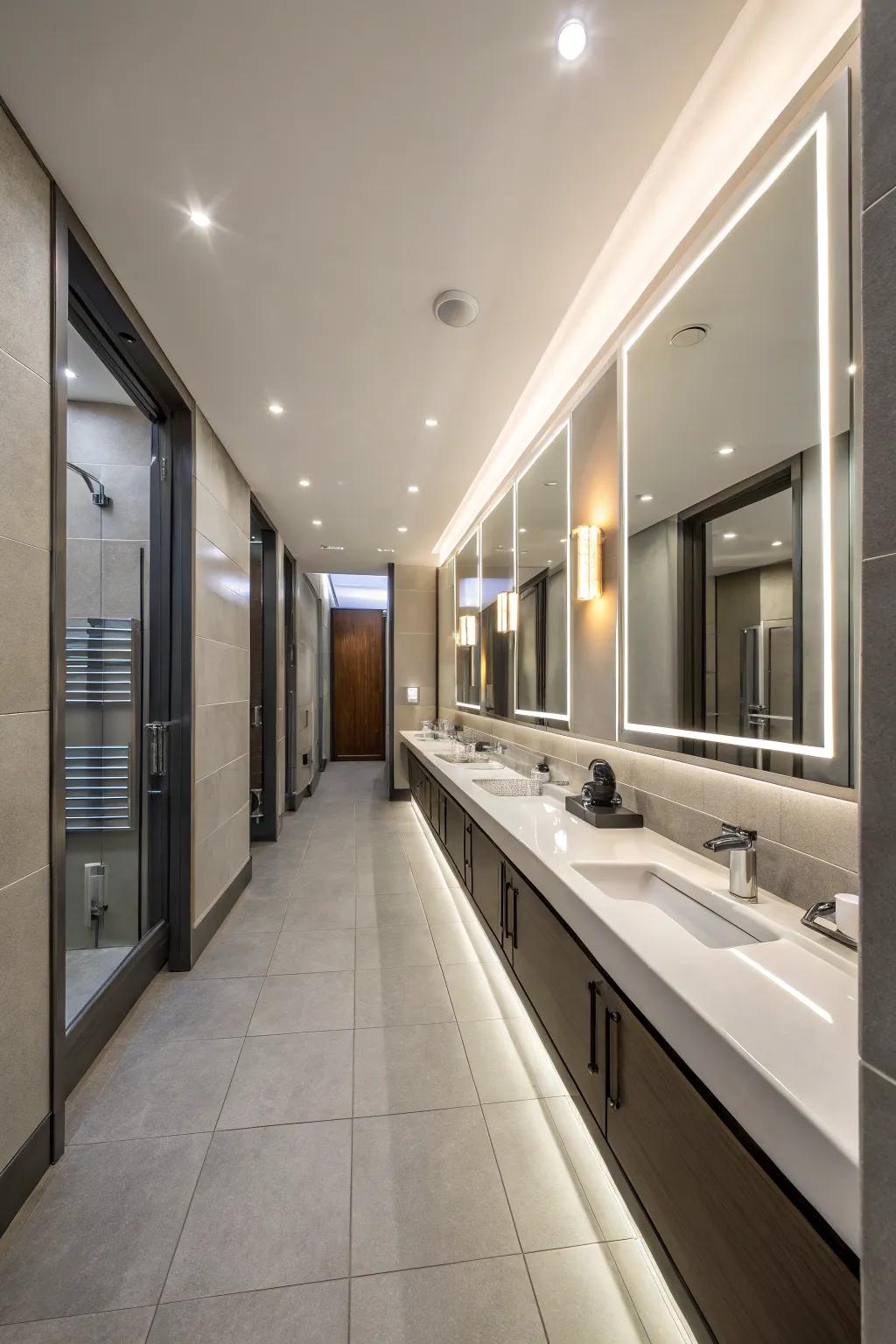 Large mirrors amplify the sense of space in a long bathroom.