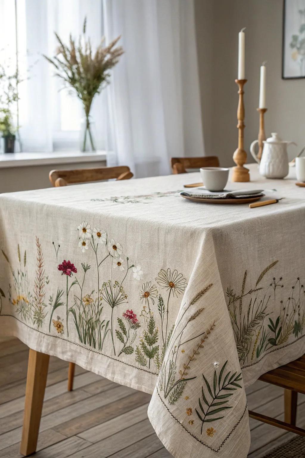 Transform your dining experience with a hand-embroidered meadow tablecloth, where simplicity meets elegance.