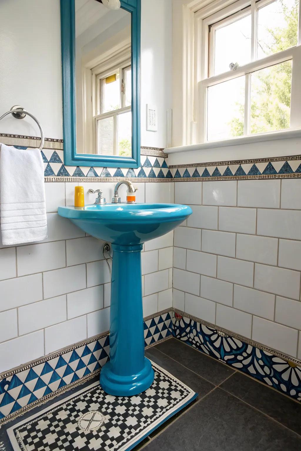 Bathroom with bold colors and a striking pedestal sink.
