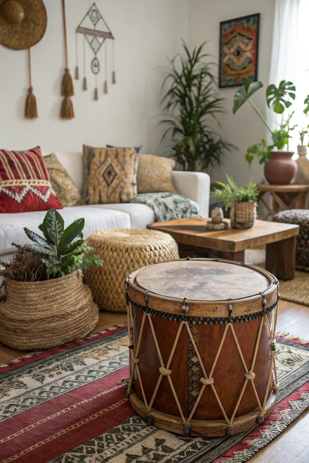 An old drum brings a musical and eclectic touch to the living room.