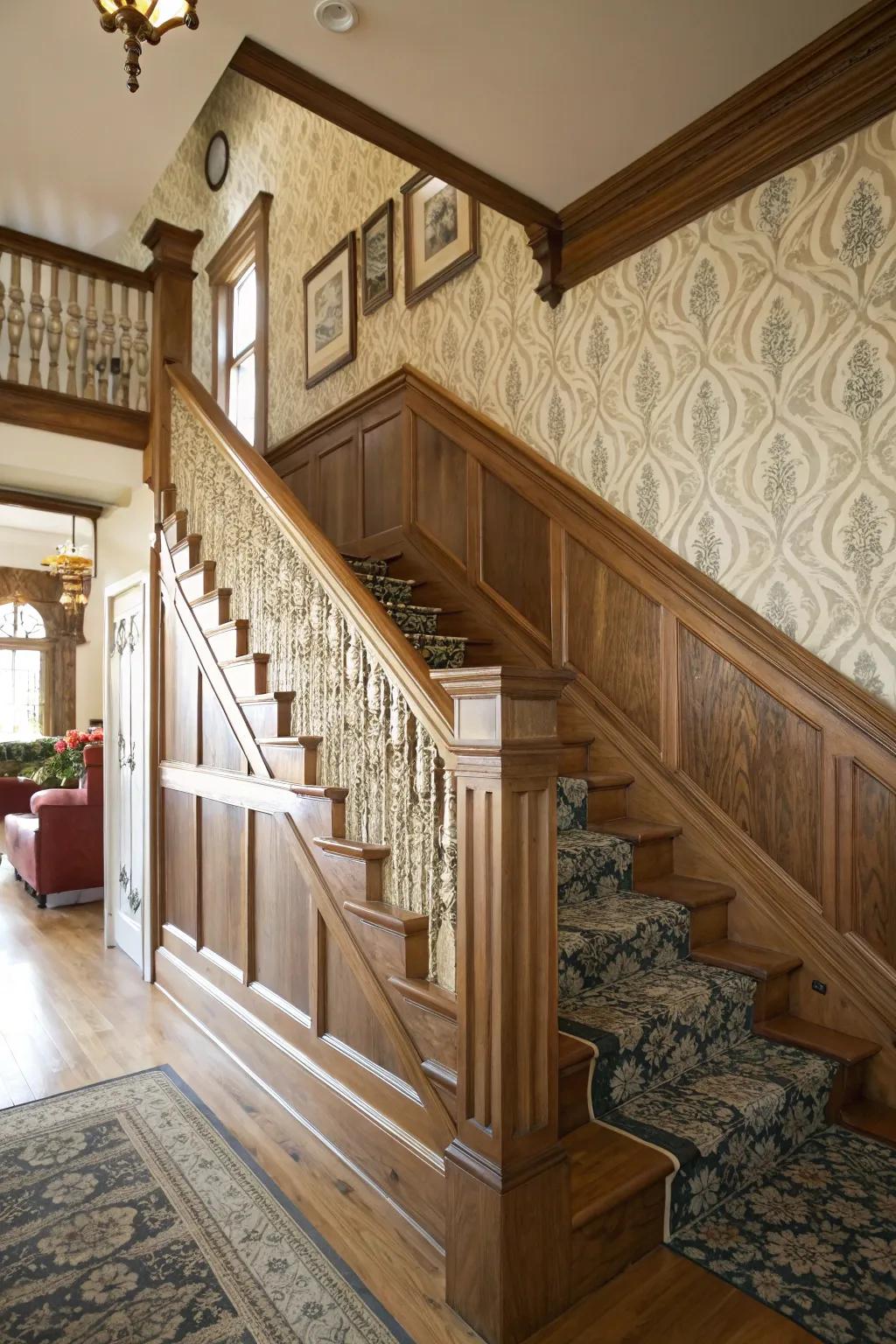 Wainscoting and wallpaper create a dynamic duo.