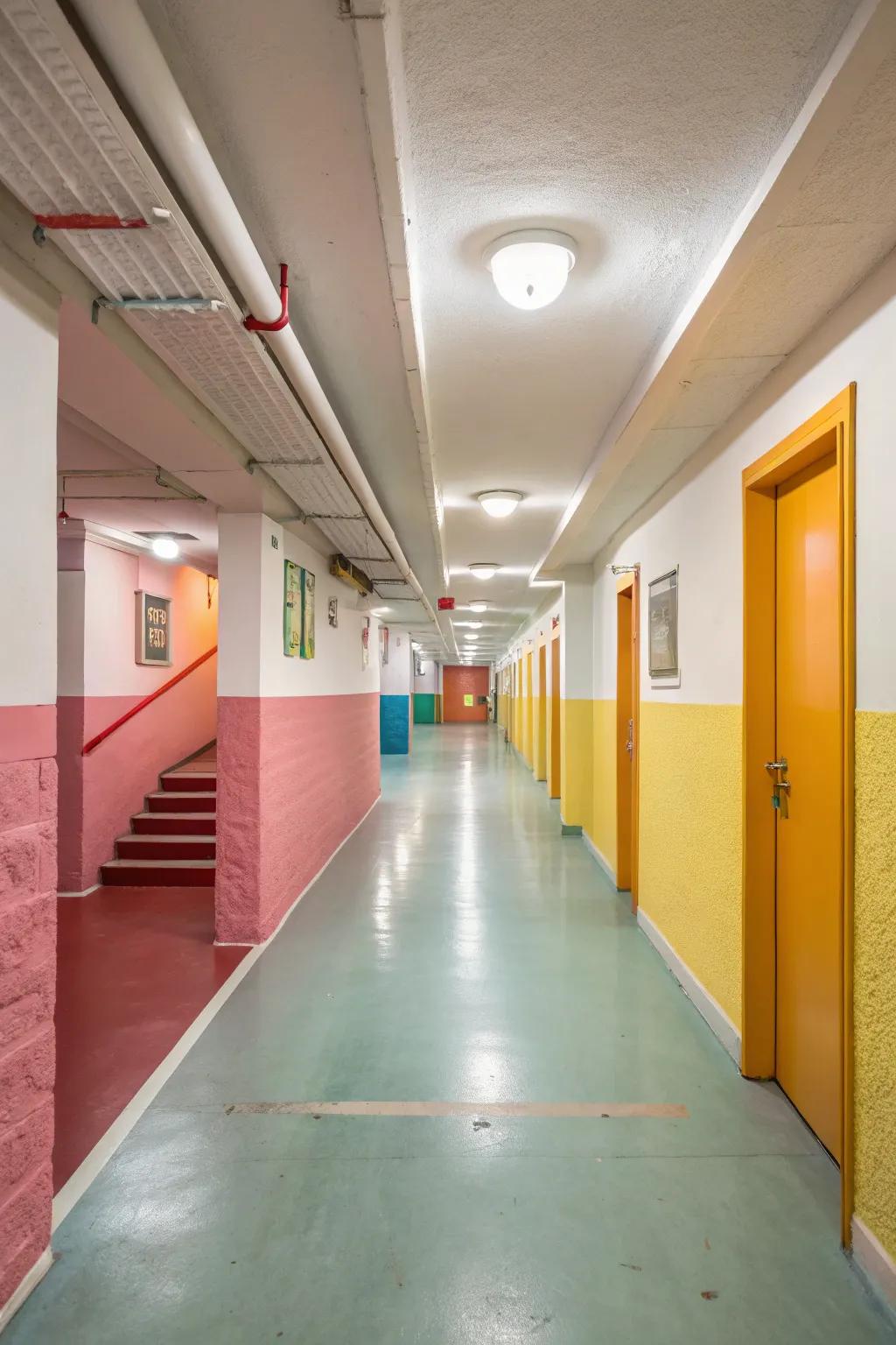 A bright color palette enhances light and space in narrow basements.