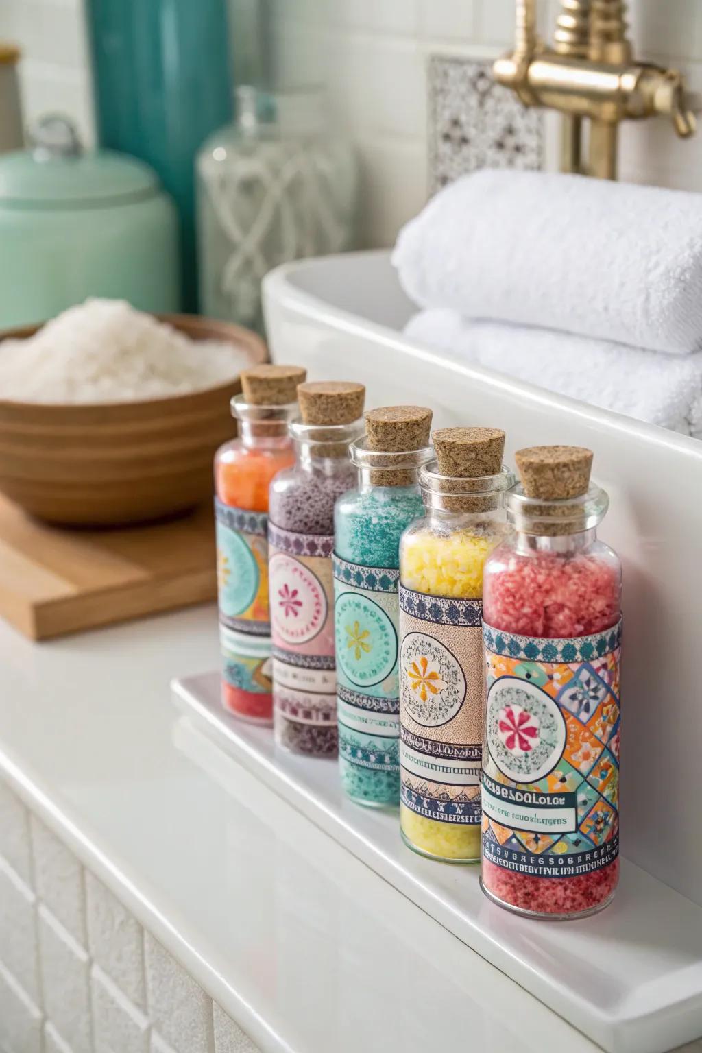 Mini bath salt bottles for a relaxing treat.