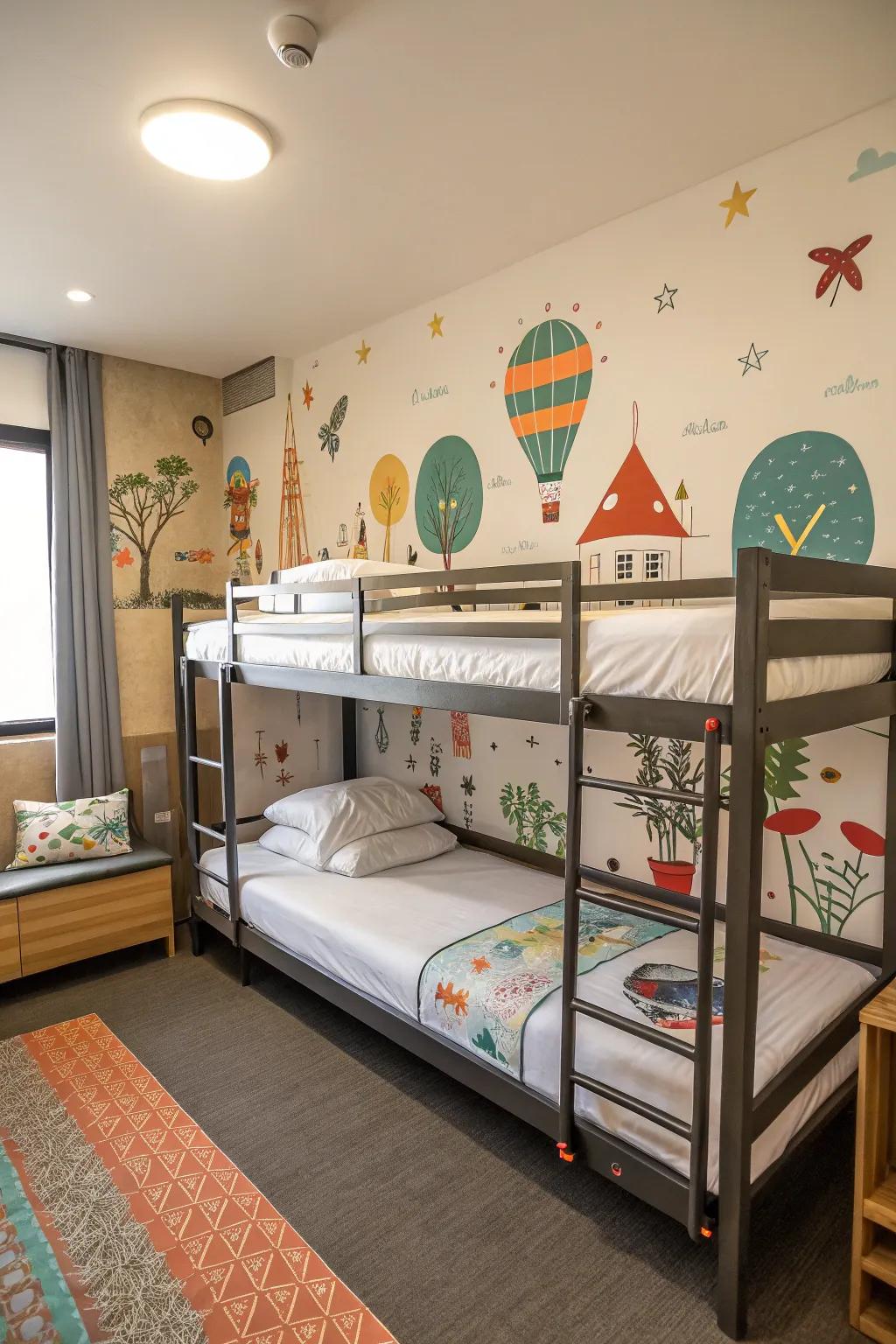 Whimsical wall art complements the creative theme of these quad bunk beds.