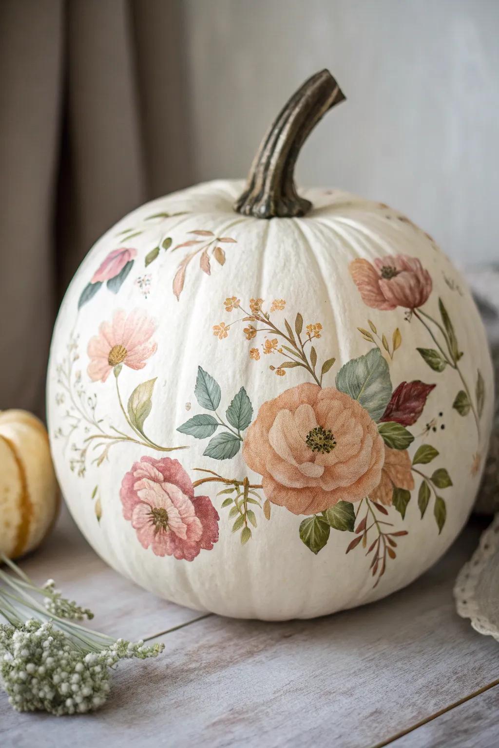 Embrace the vintage floral charm with hand-painted elegance on your pumpkin this season.