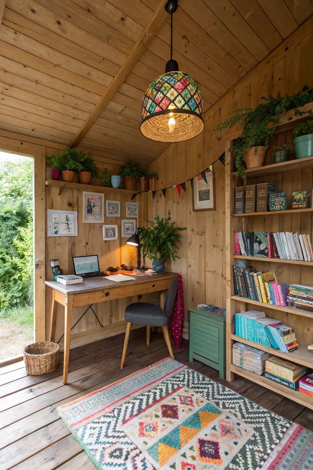 Whimsical touches bring joy and personality to your shed office.