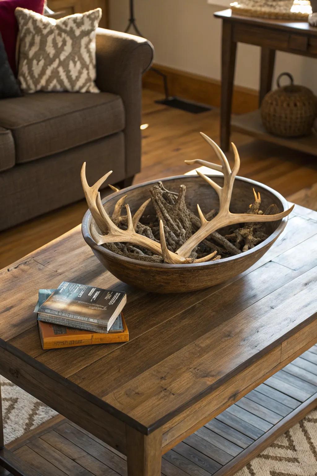 Create a rustic centerpiece with a bowl of deer antlers.