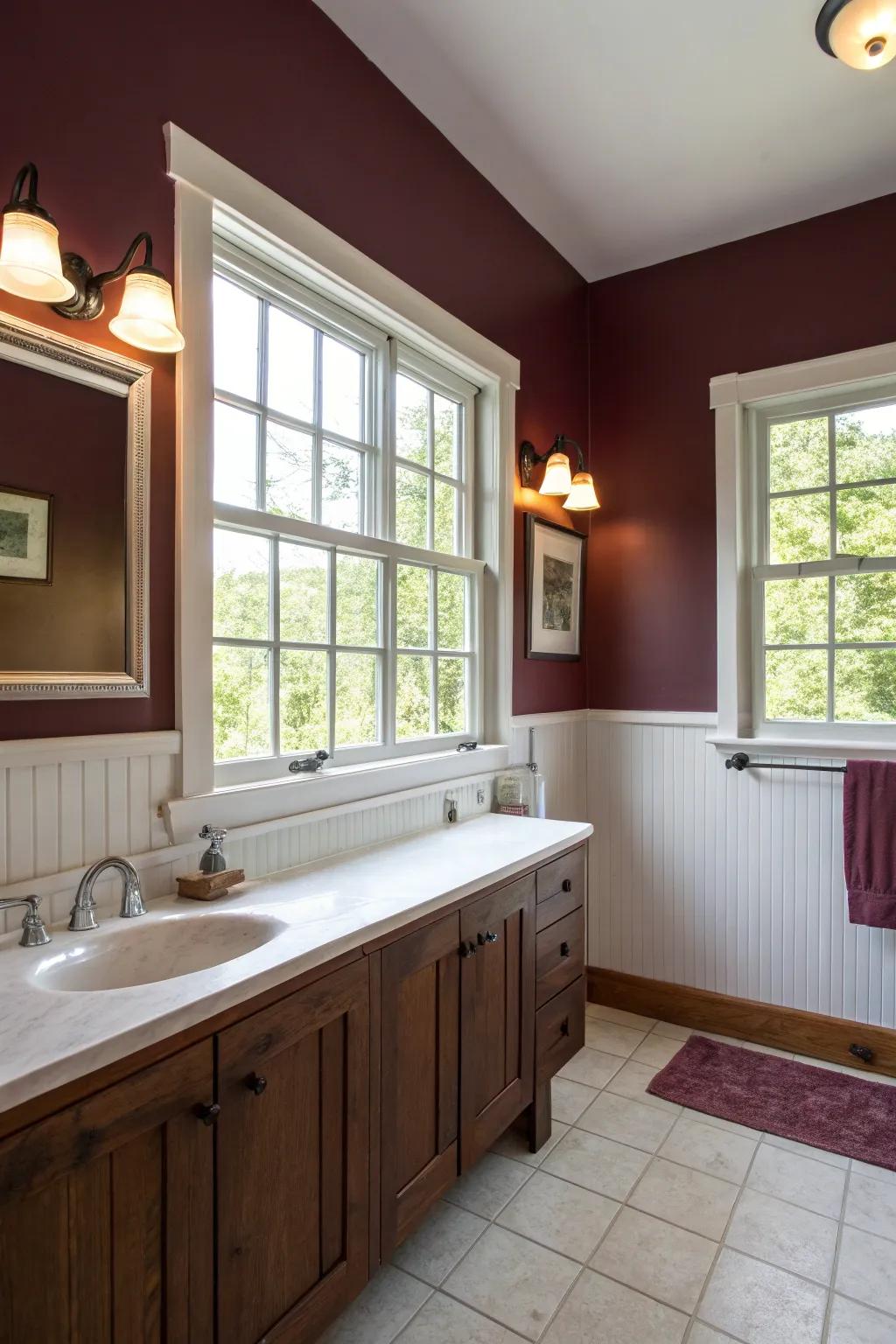 Natural light softens the boldness of maroon, creating an inviting atmosphere.