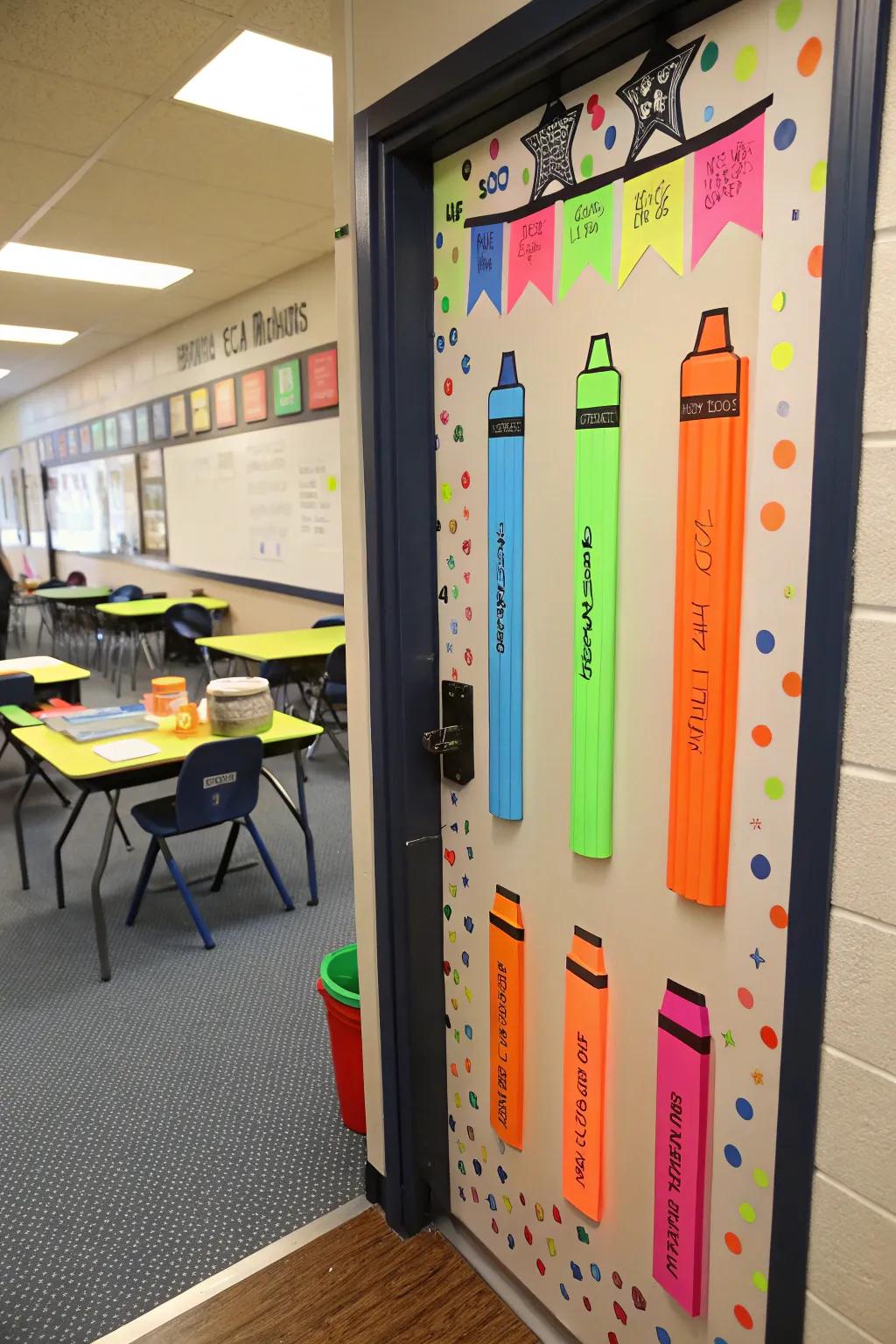 A bright highlighter-themed door celebrating teachers