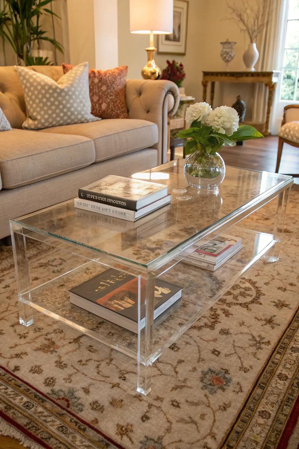 A plexiglass coffee table adds elegance and space.