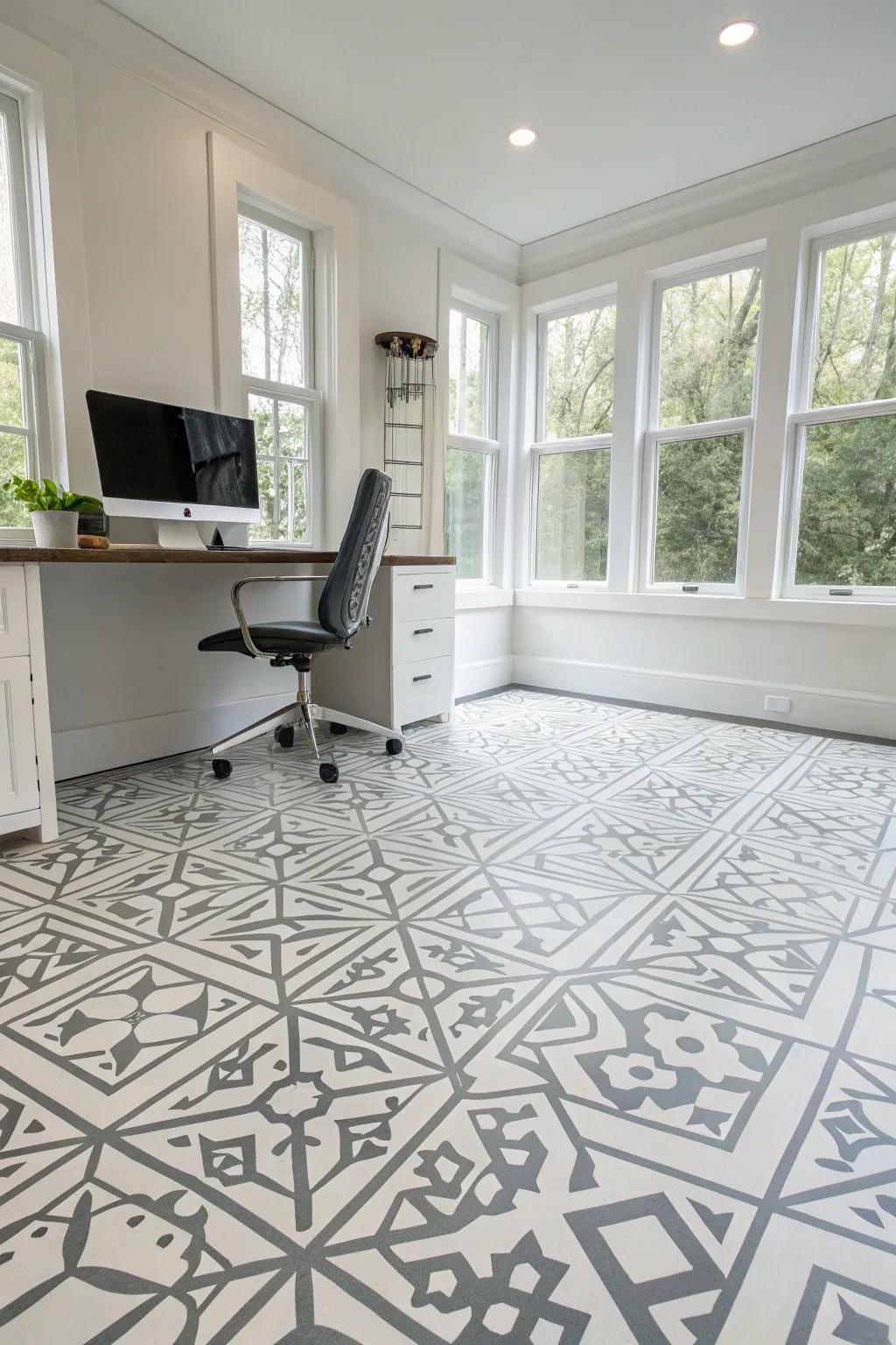 A minimalist home office featuring a geometric pattern epoxy floor.