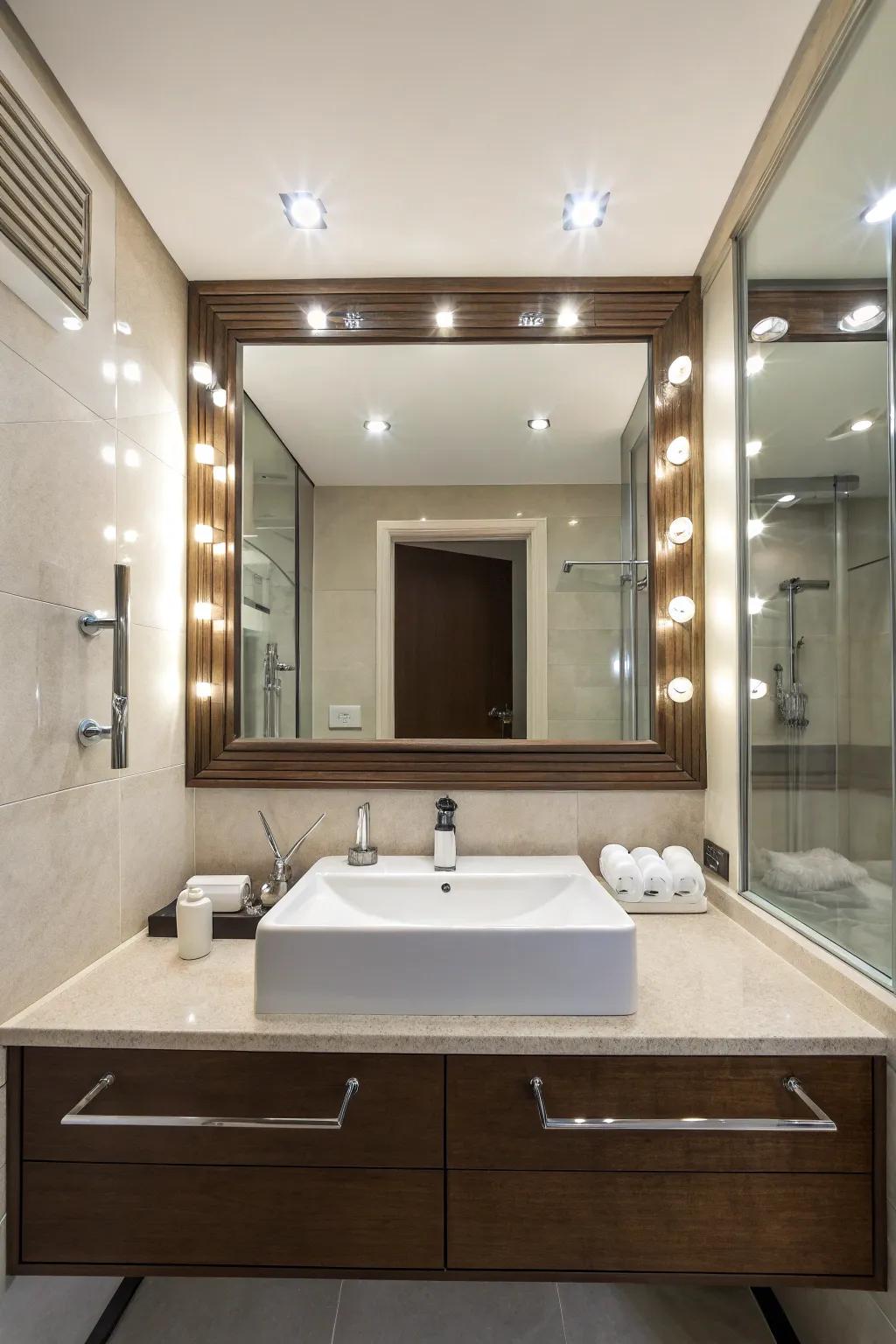 Recessed lighting elegantly highlights the bathroom mirror.