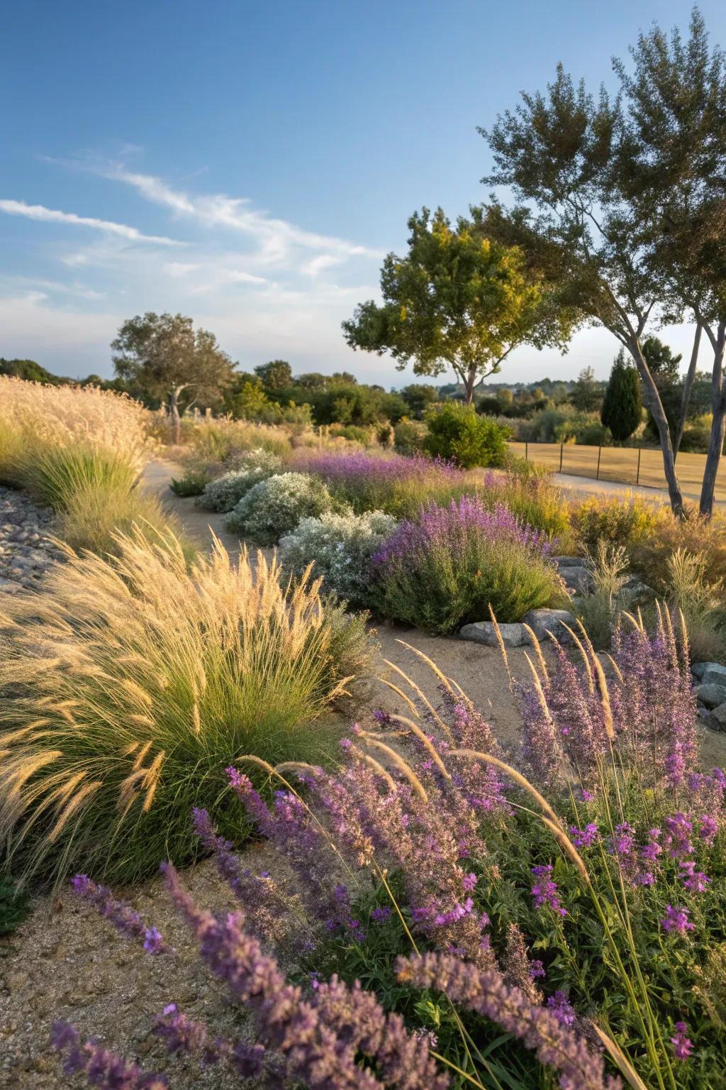 A dynamic garden with Texas sage and ornamental grasses.