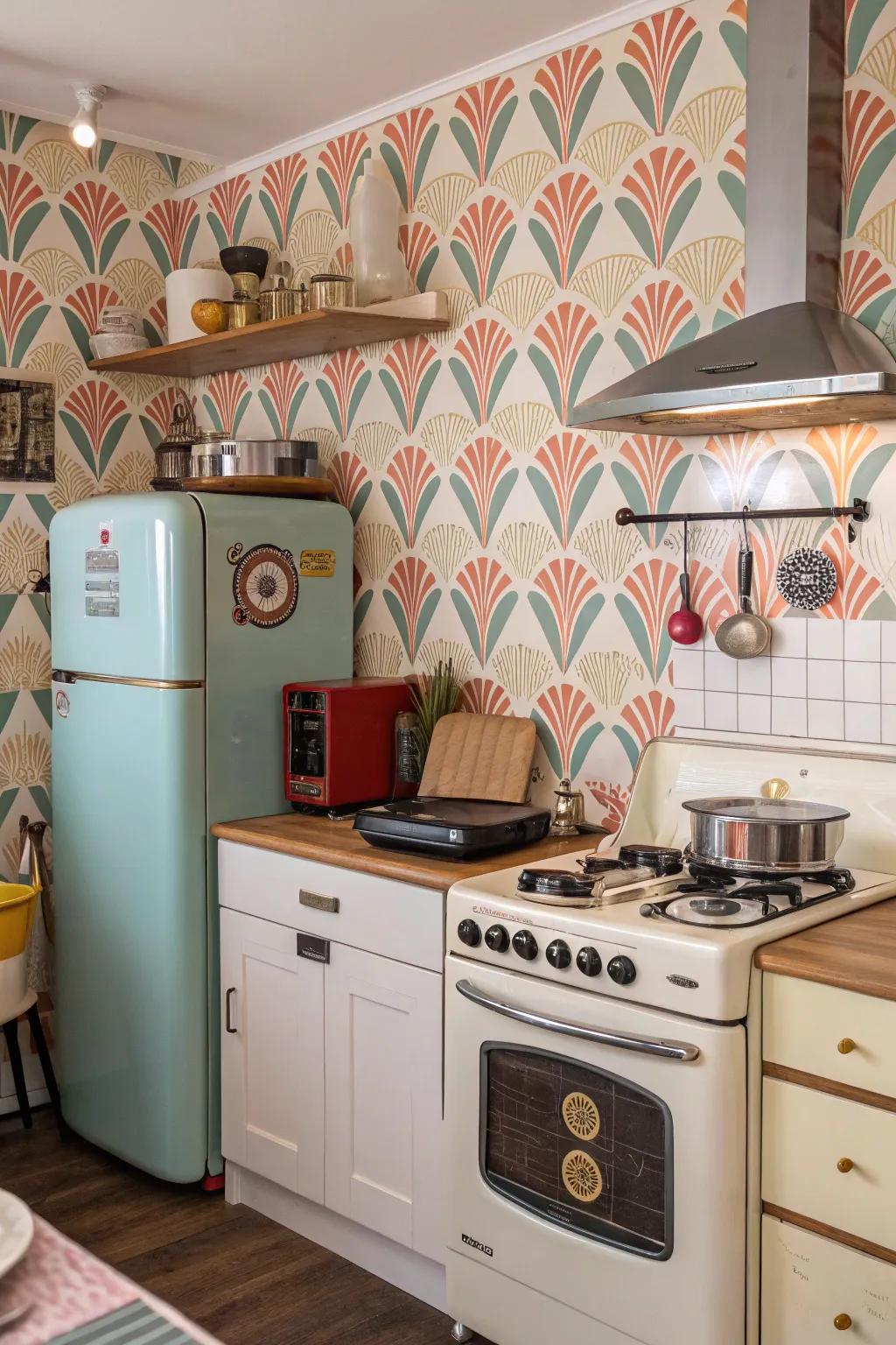 Kitchen with retro wallpaper and vintage appliances.