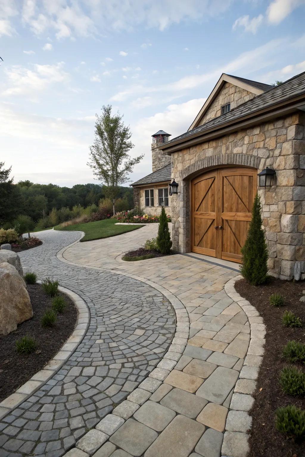 A stone driveway perfectly complements the garage's facade.