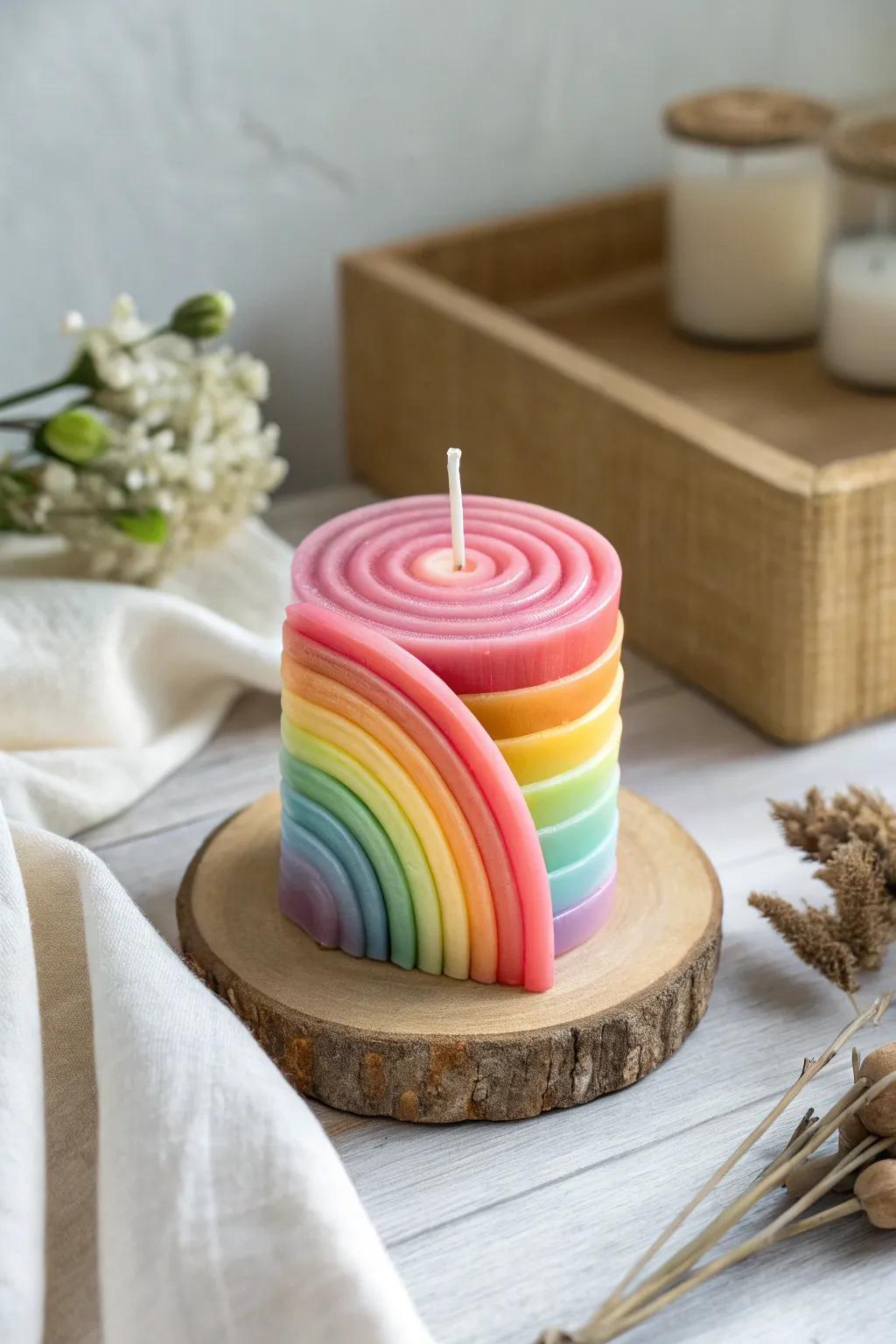 Unveil the beauty of simplicity with our handcrafted rainbow layered candleâa colorful story in wax.