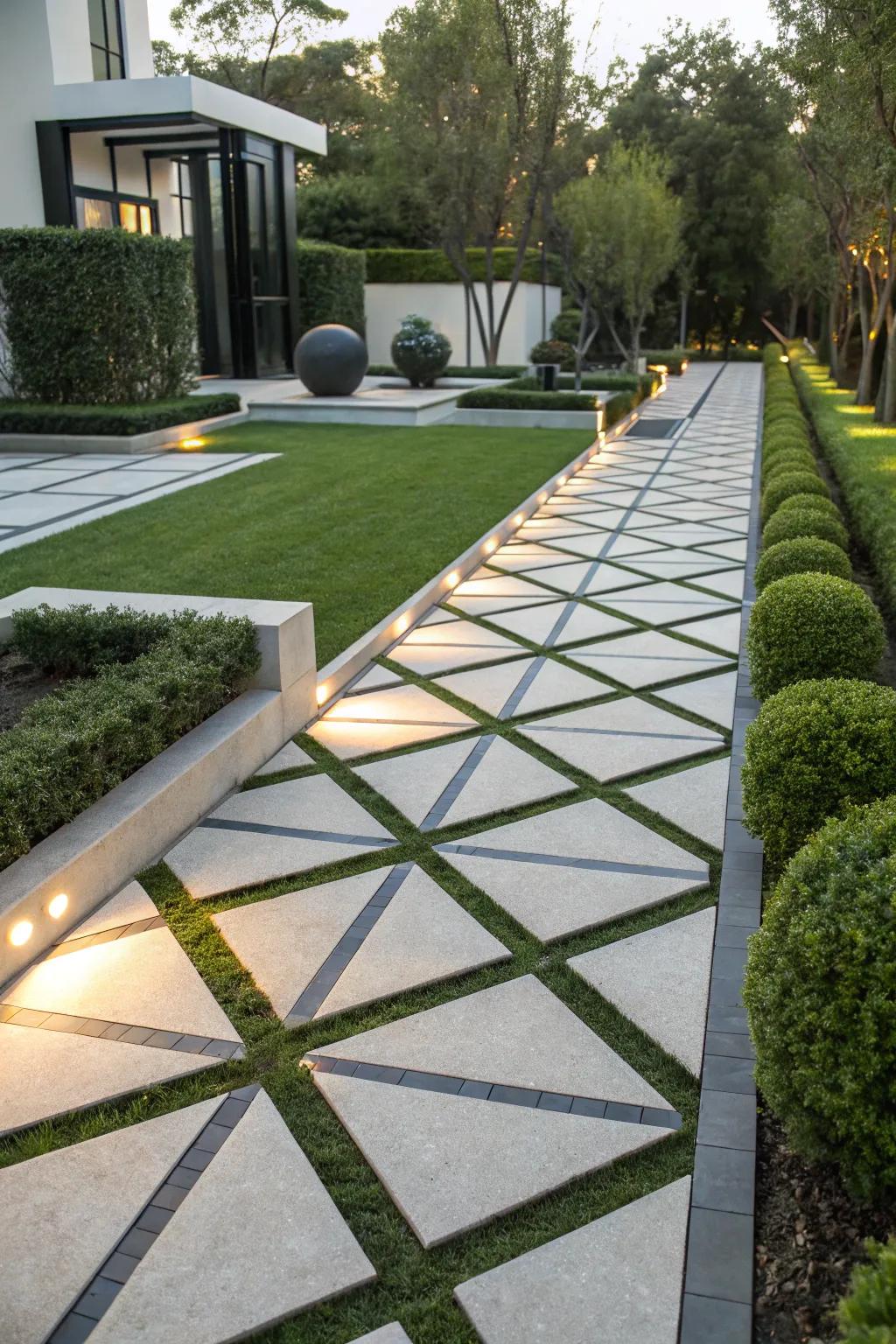 A geometric stone walkway adding modern flair.