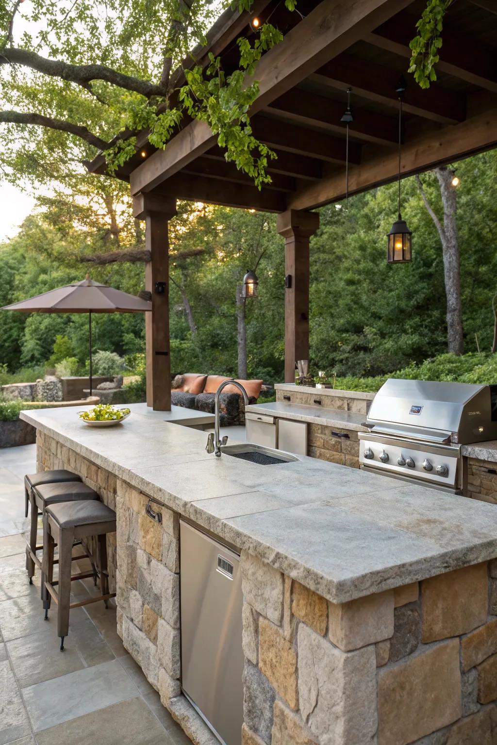Stone countertops offer durability and natural beauty in outdoor kitchens.