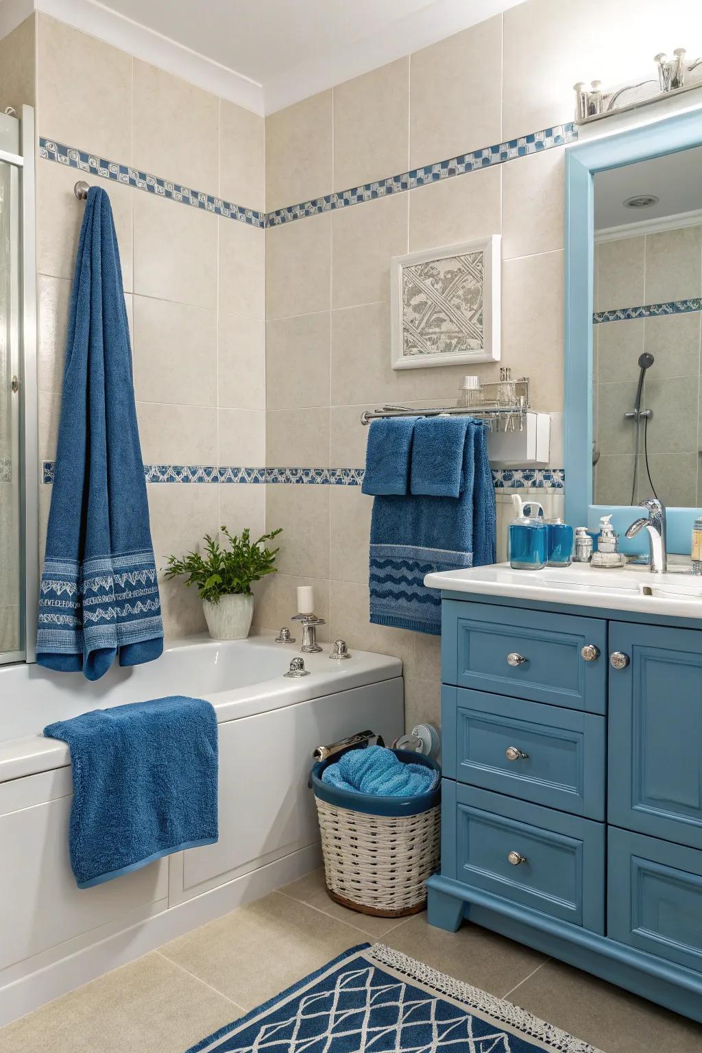 Blue accents add a pop of color and freshen up the space.