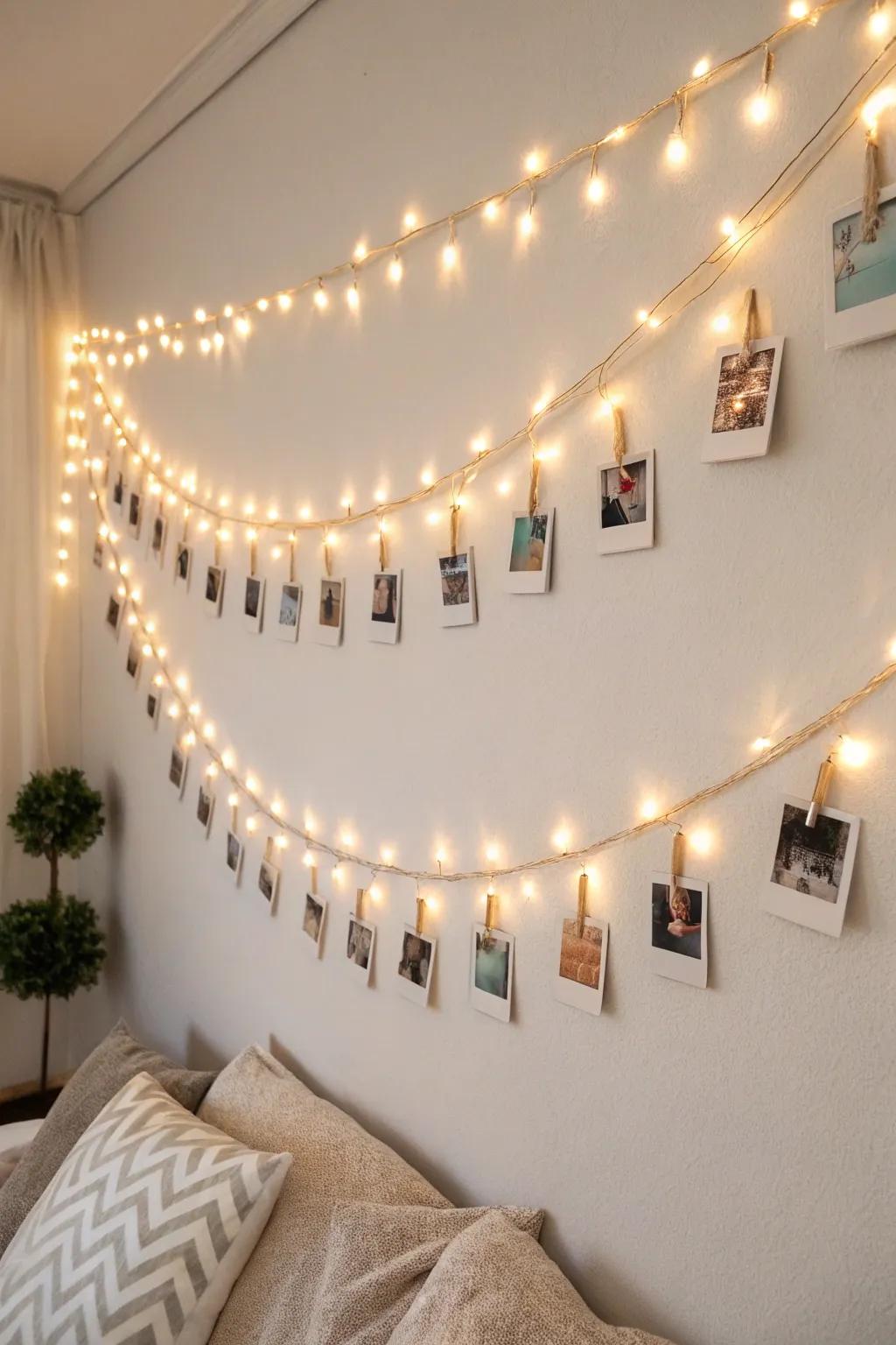 Illuminate your memories with a cozy photo wall that adds warmth and personality to any small room.