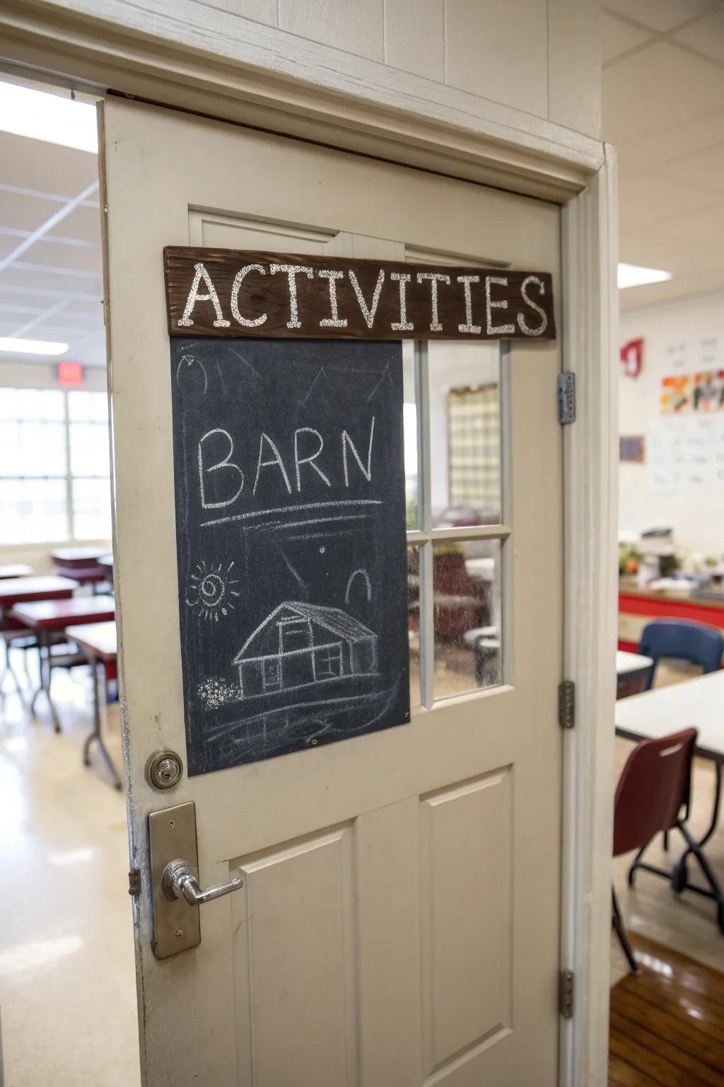 A chalkboard barn sign adds an interactive element to the door.