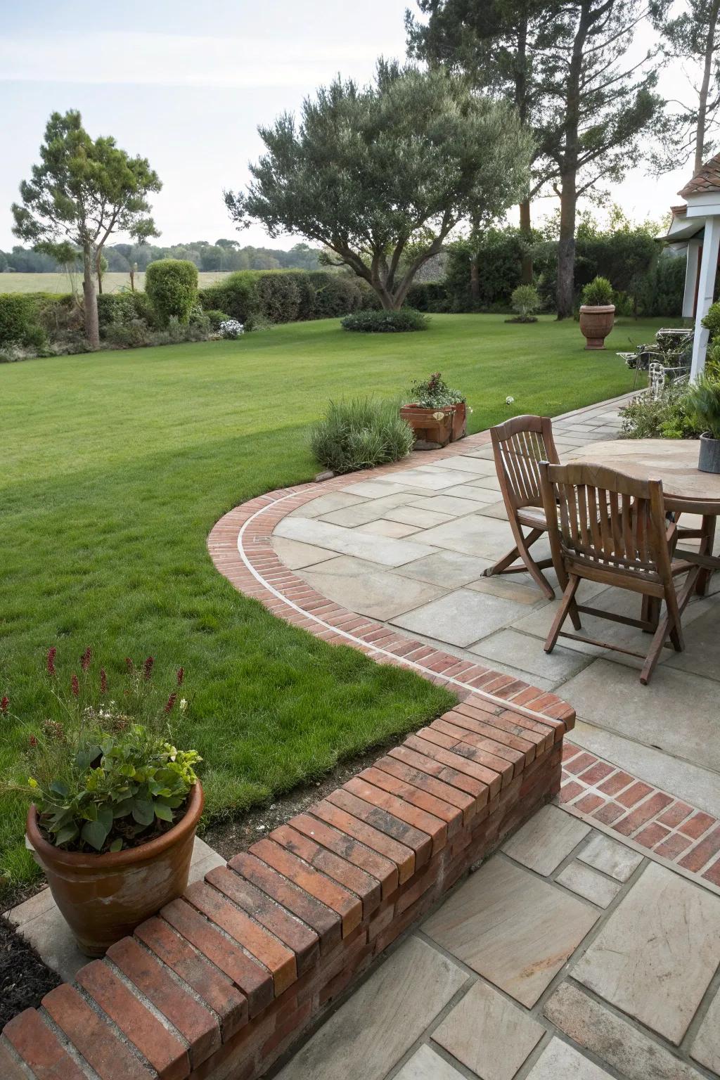 Brick edging adds a timeless charm to patio spaces.