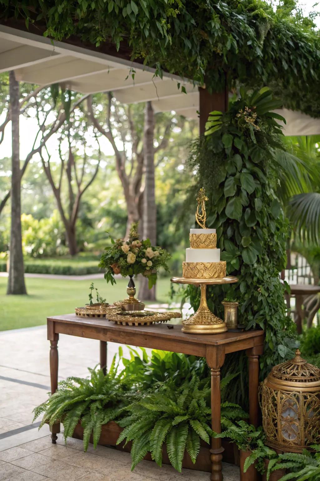 A nature-inspired centerpiece with greenery and gold accents.