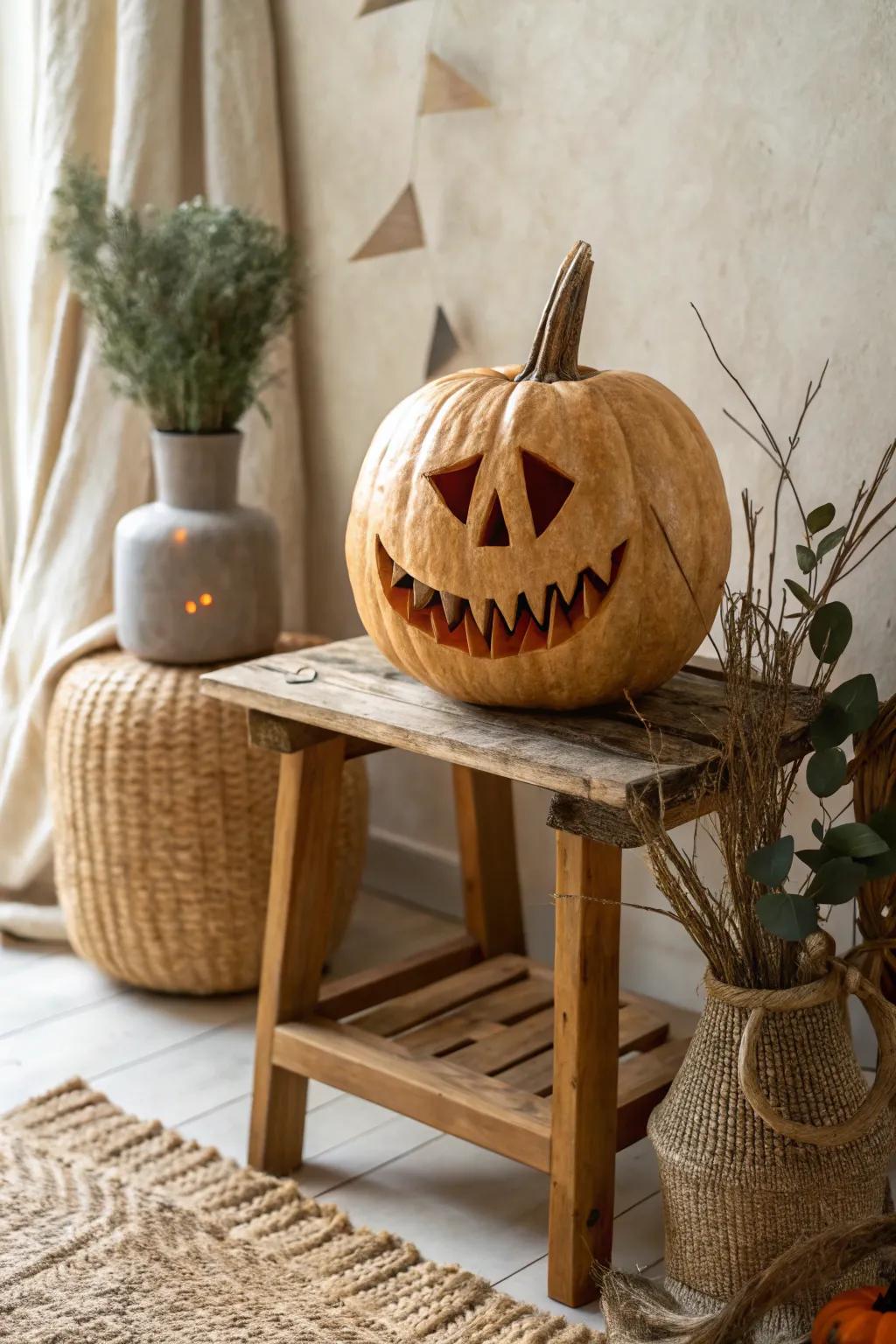 Embrace the eerie elegance with this ghoulish grin jack-o-lantern, a perfect blend of Scandinavian minimalism and boho charm.