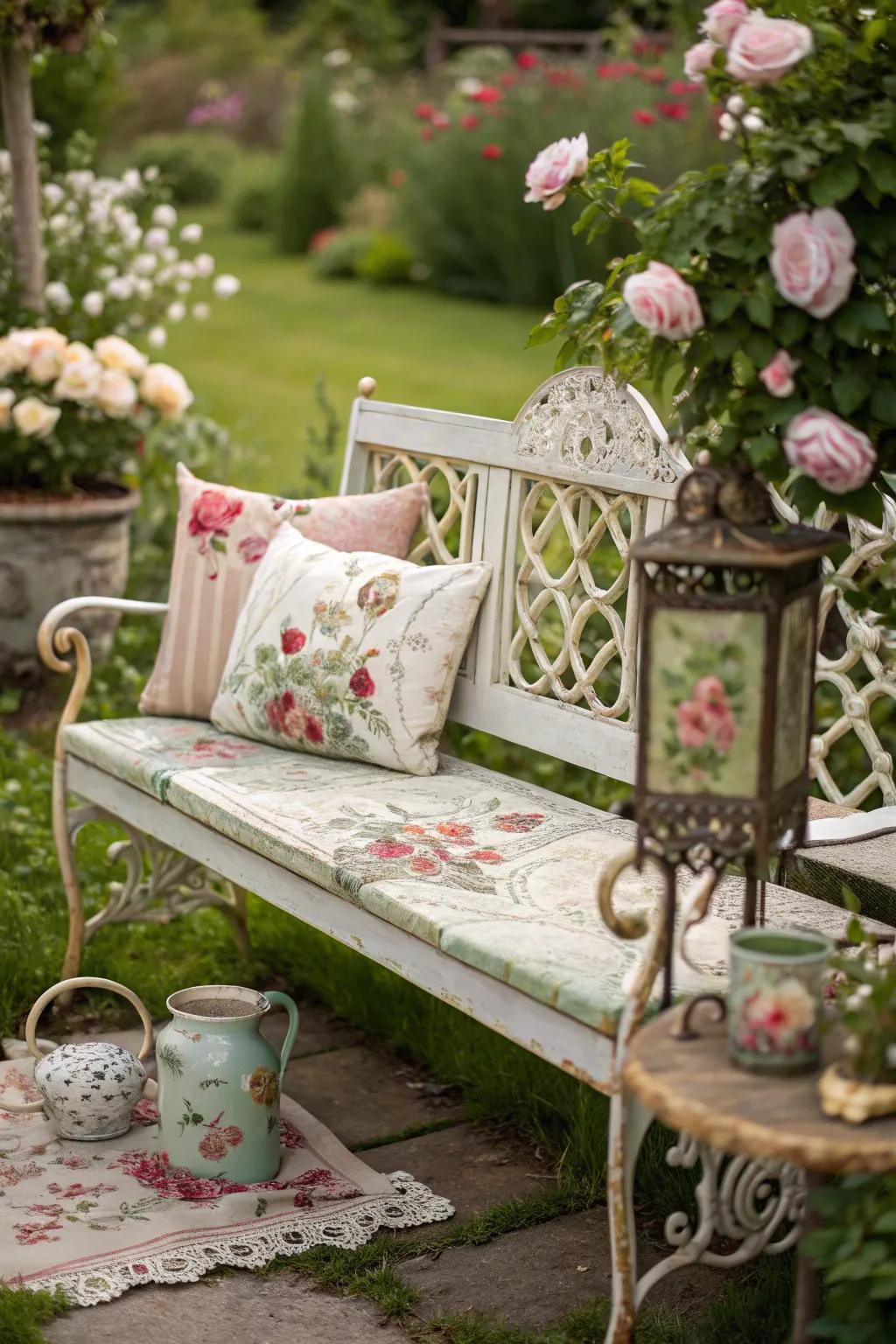 Vintage accents lend timeless charm to your garden bench.