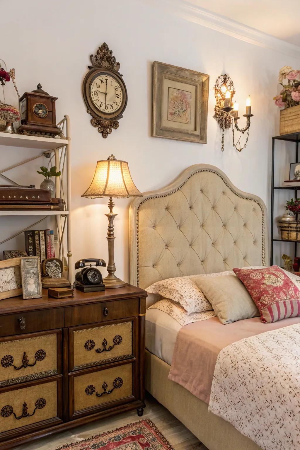 Vintage touches add character to this beige headboard bedroom.