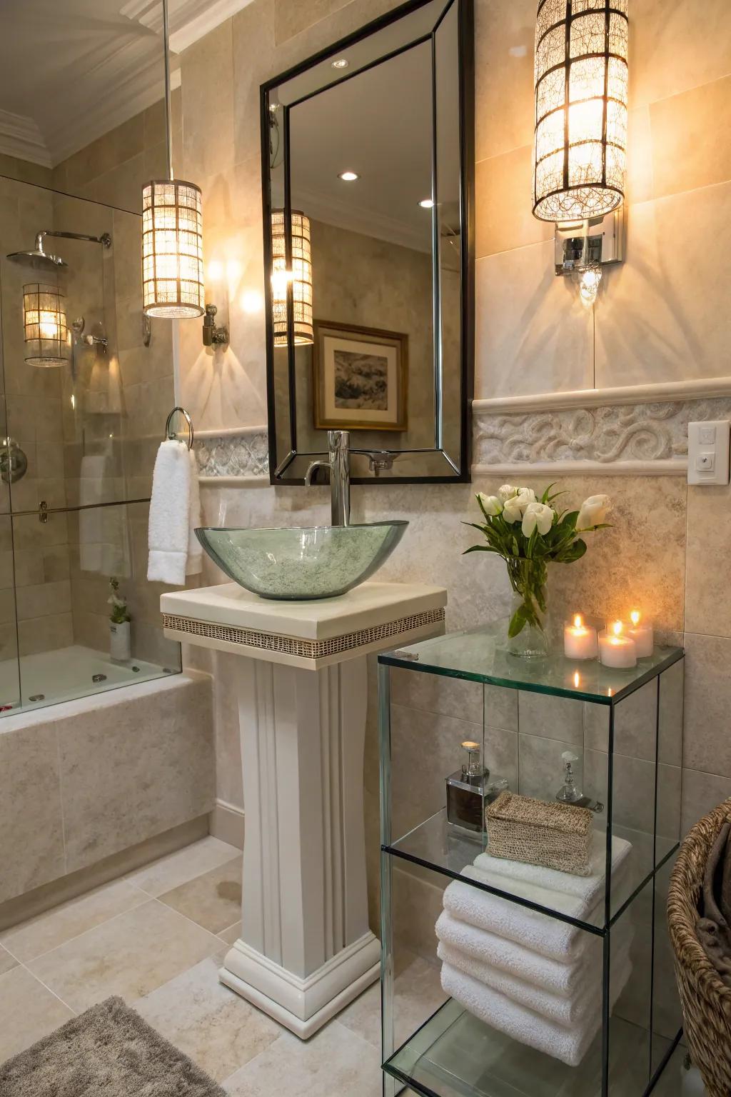 Elegant bathroom with a glass pedestal sink.