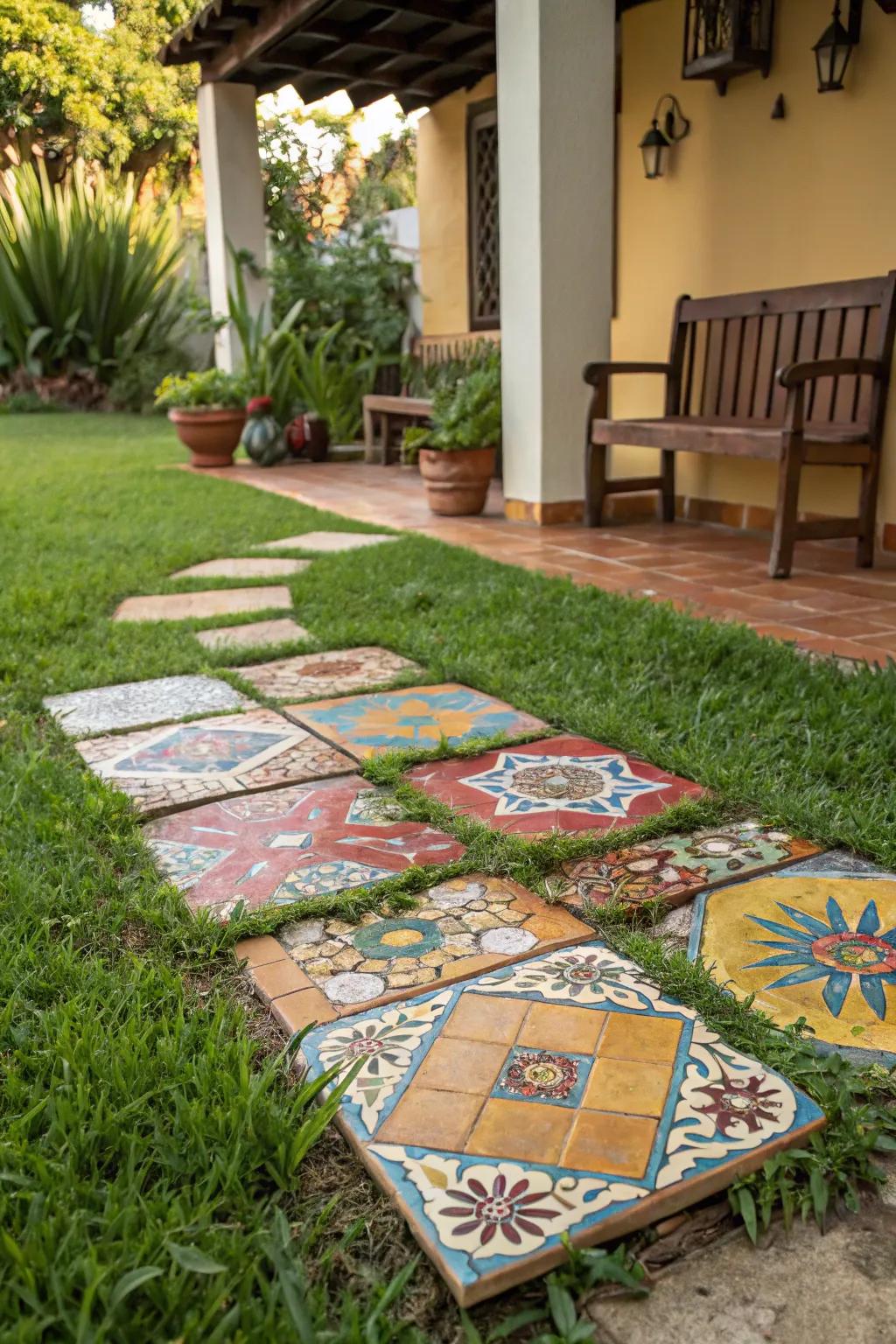 Decorative tiles add personality to the patio transition.