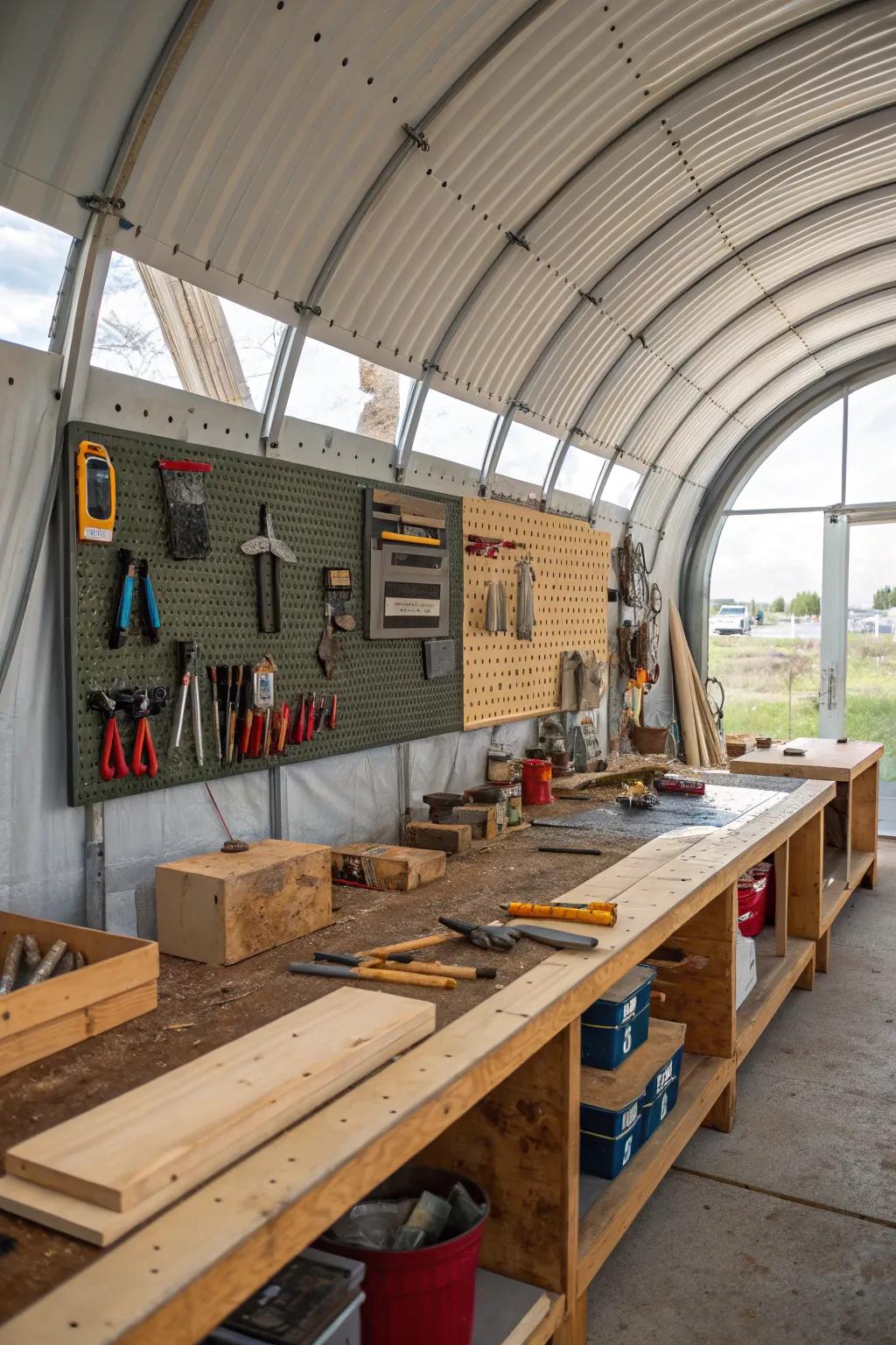An eco-friendly upcycling station within a Quonset hut workshop.