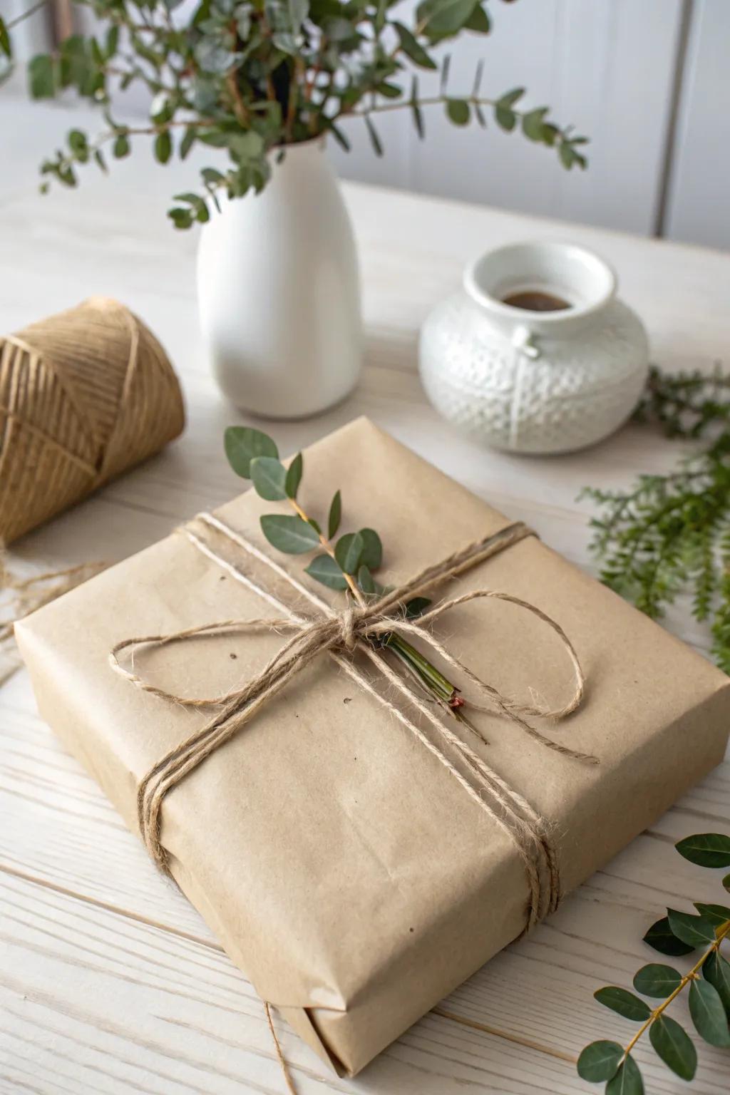 Elevate your gift-giving with eco-friendly elegance: a simple brown bag wrapped with love and nature's touch.