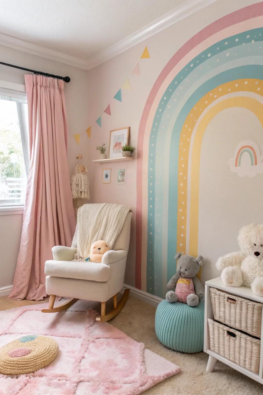 A pastel rainbow wall creates a cozy nursery environment.