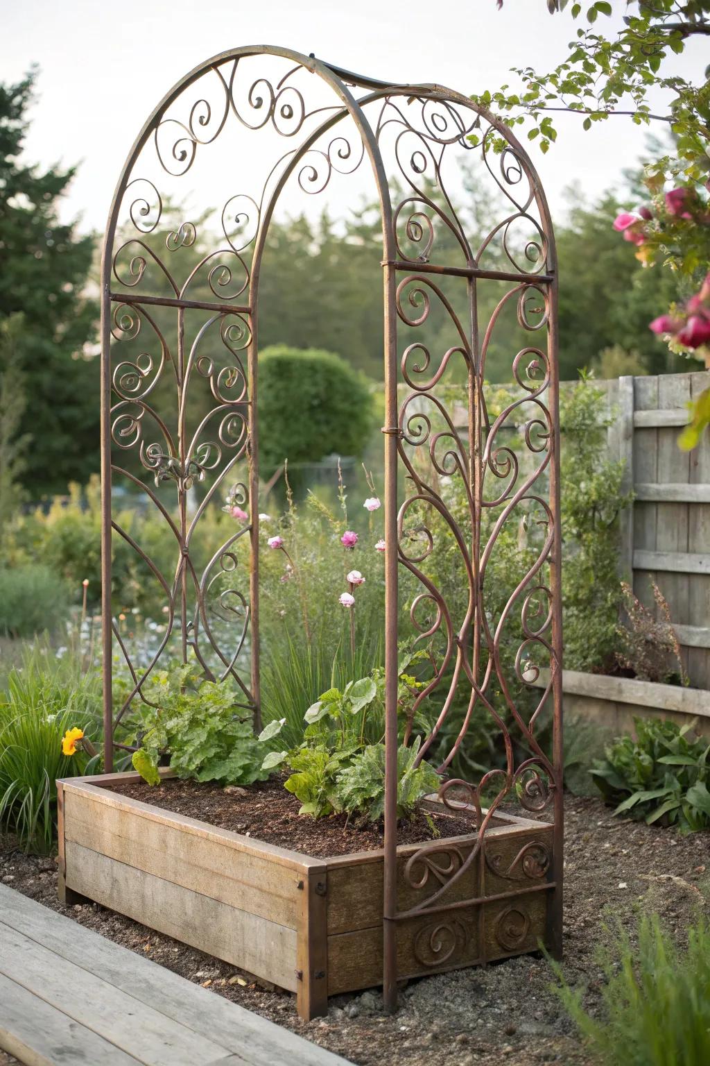 Elevate your garden with an artistic metalwork trellis that doubles as a year-round sculpture.