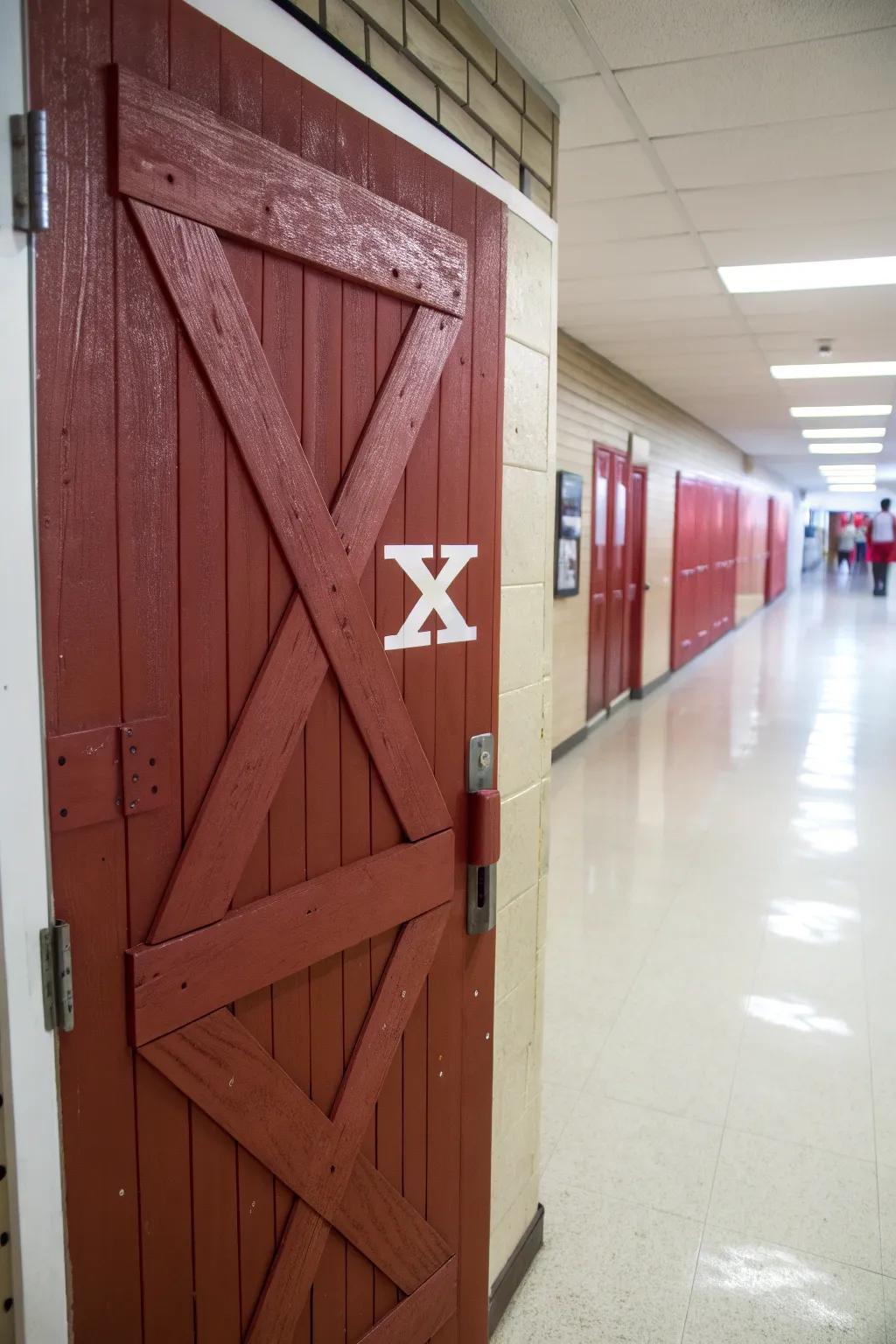 A classroom door transformed into a welcoming red barn.