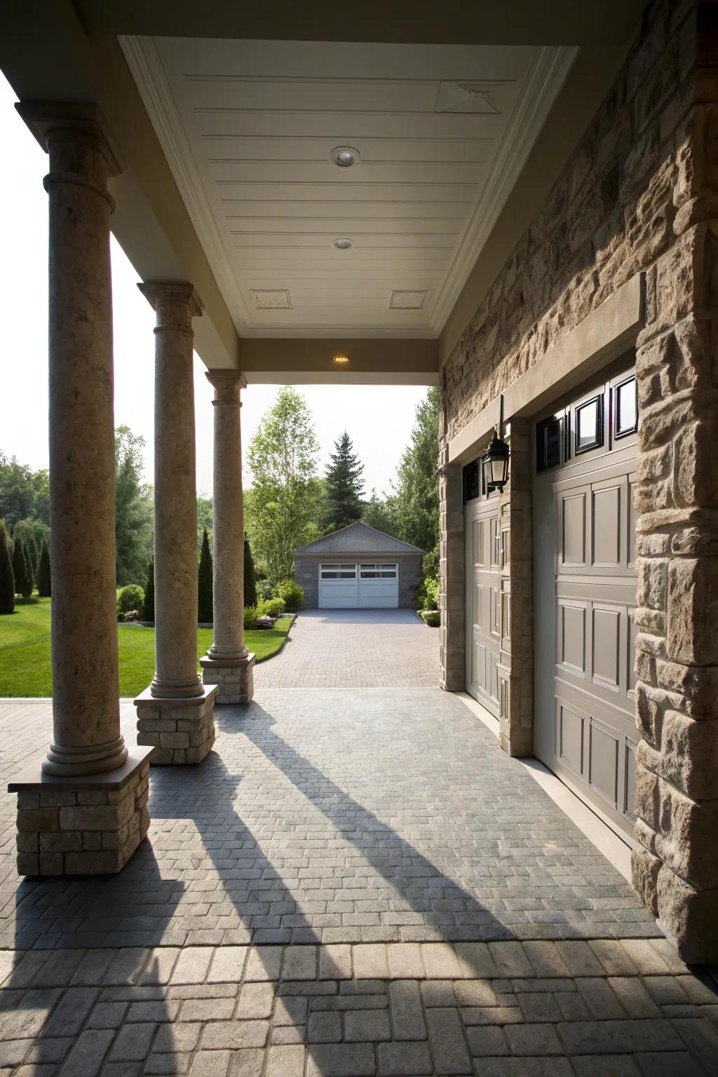 Stone columns add grandeur to the garage entrance.