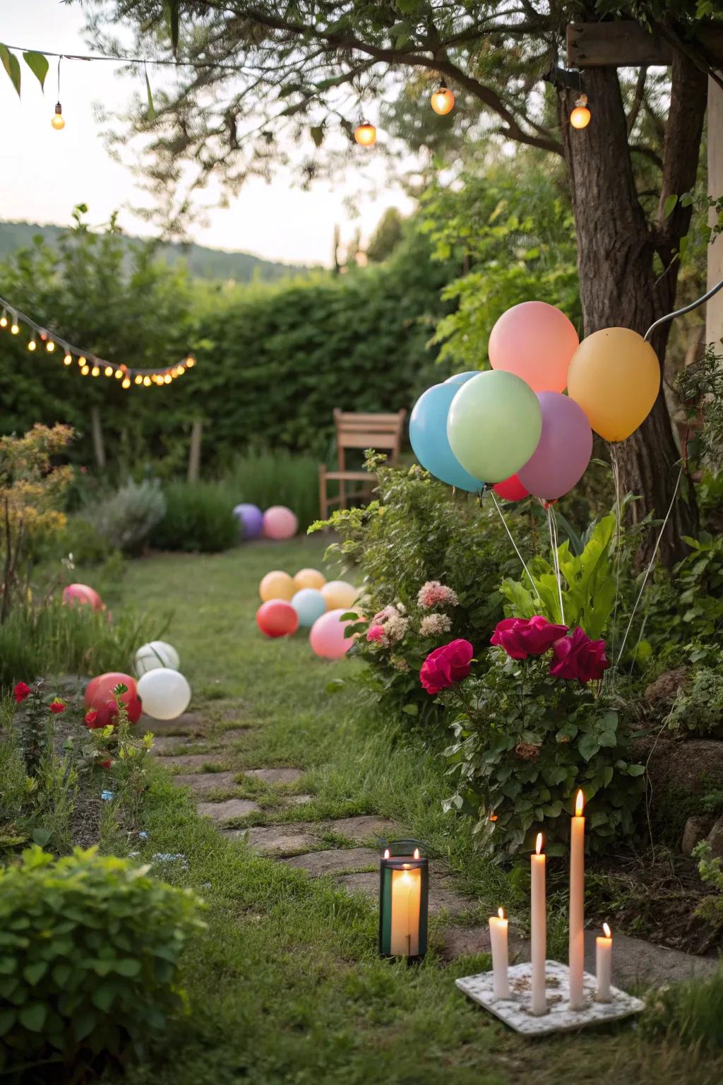 Garden transformed into a candlelit paradise with balloons.