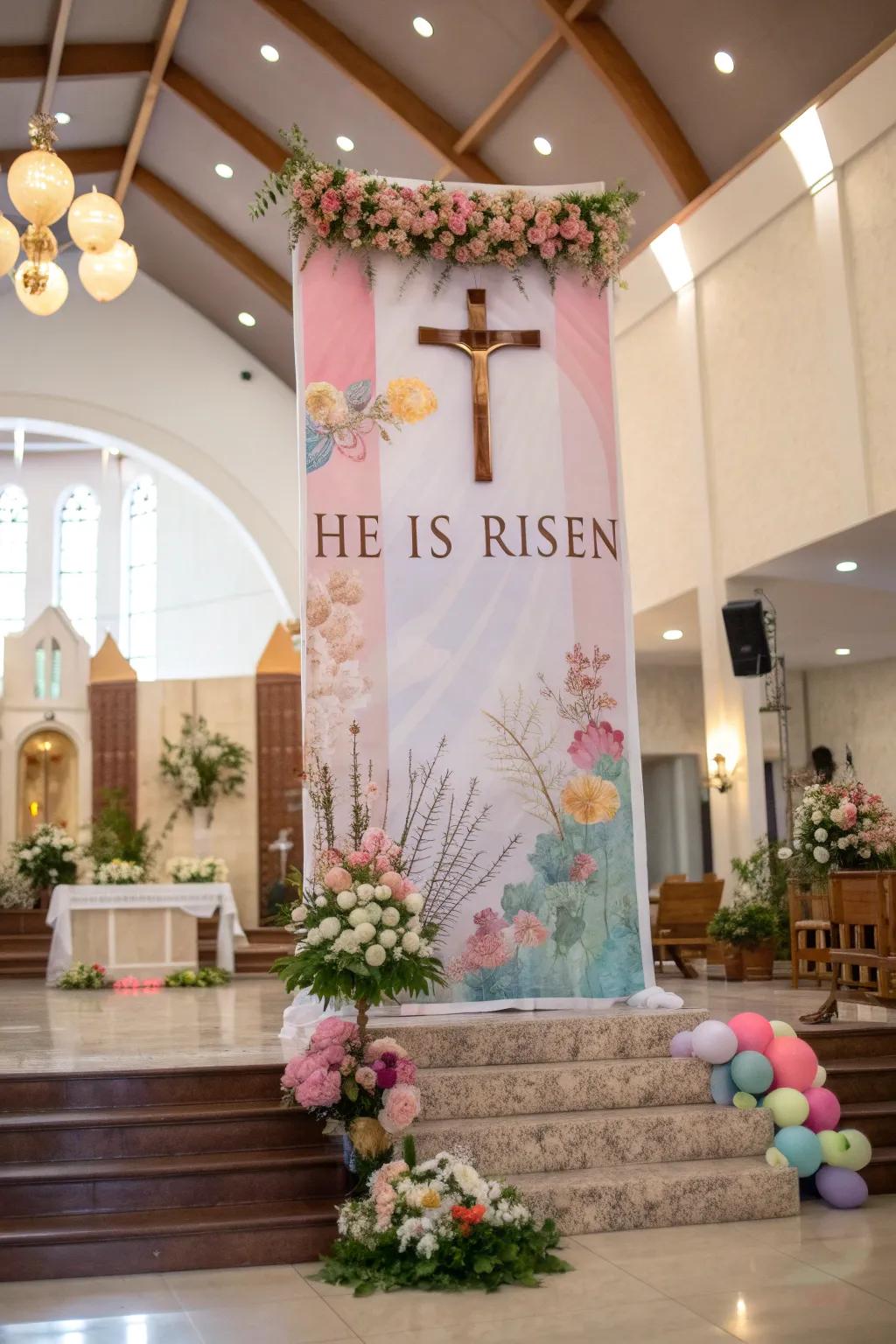 Seasonal banners enhance the festive spirit of church celebrations.