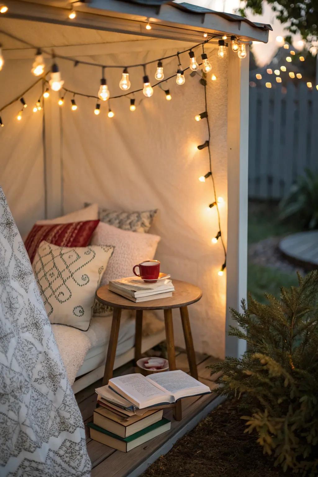 String lights add a magical ambiance to a small nook.