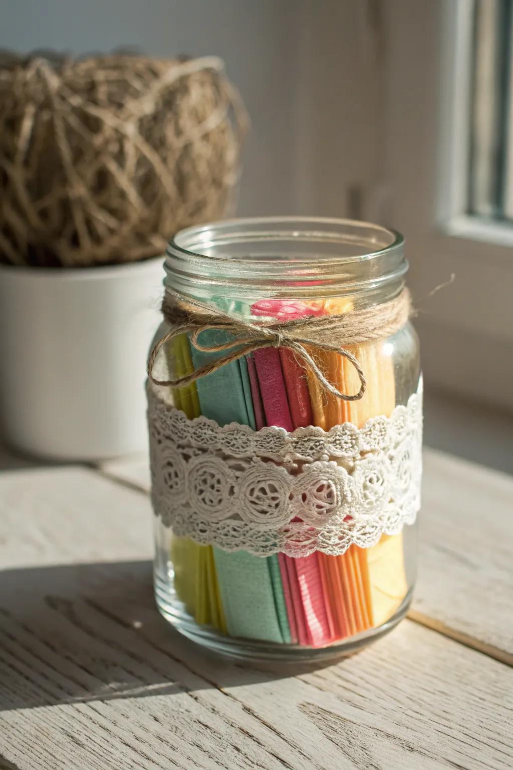 Transform your jar into a charming keepsake with delicate lace and rustic twine.
