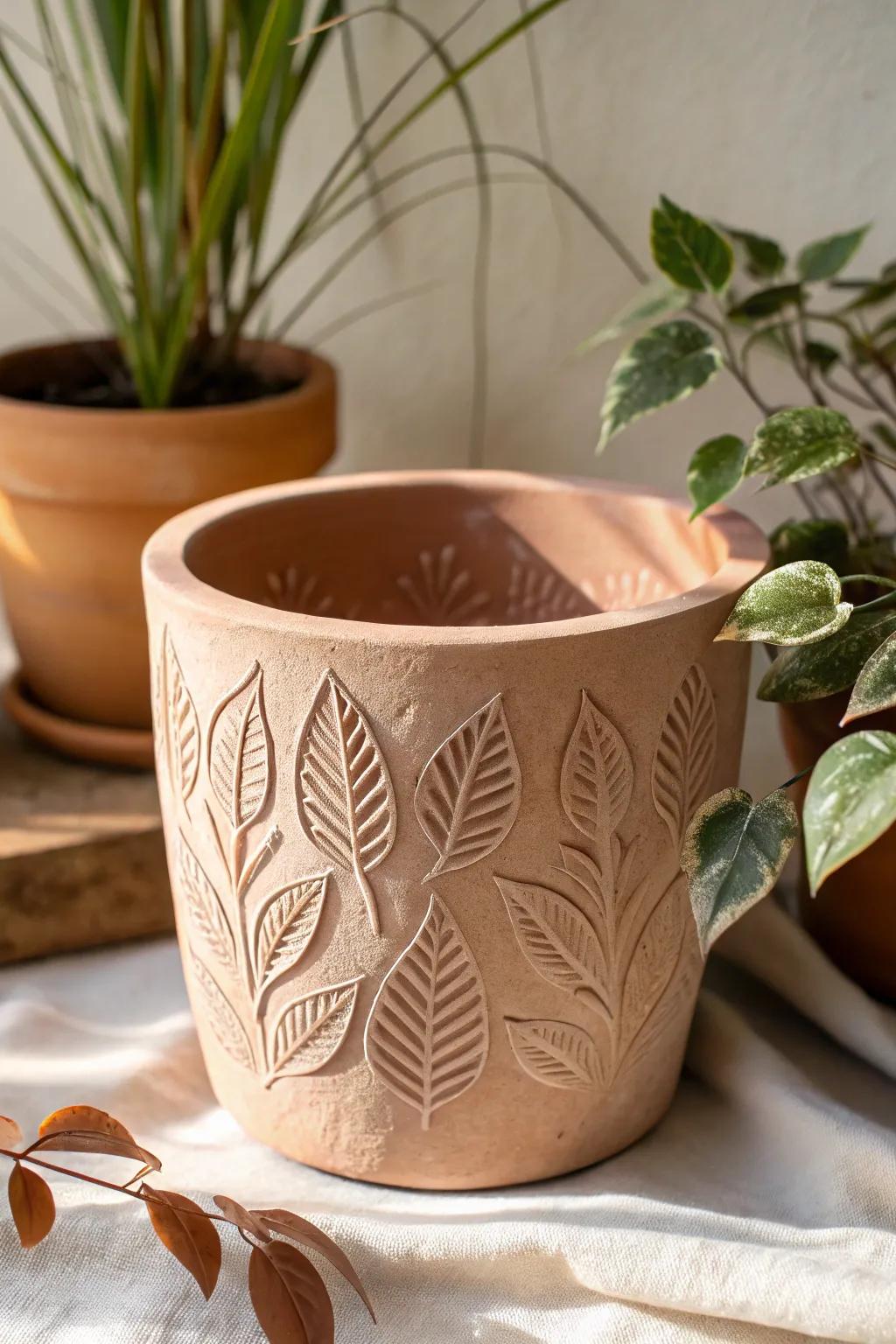 Nature-inspired elegance: Discover the beauty of stamped clay planters.