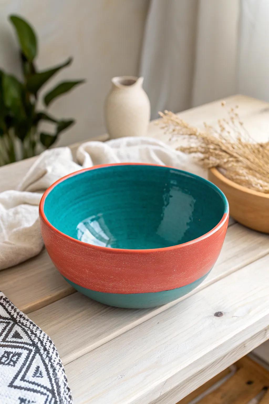 Add a pop of color to your space with this bold and bright clay bowl design. Perfect for those who love a blend of minimalism and boho chic!